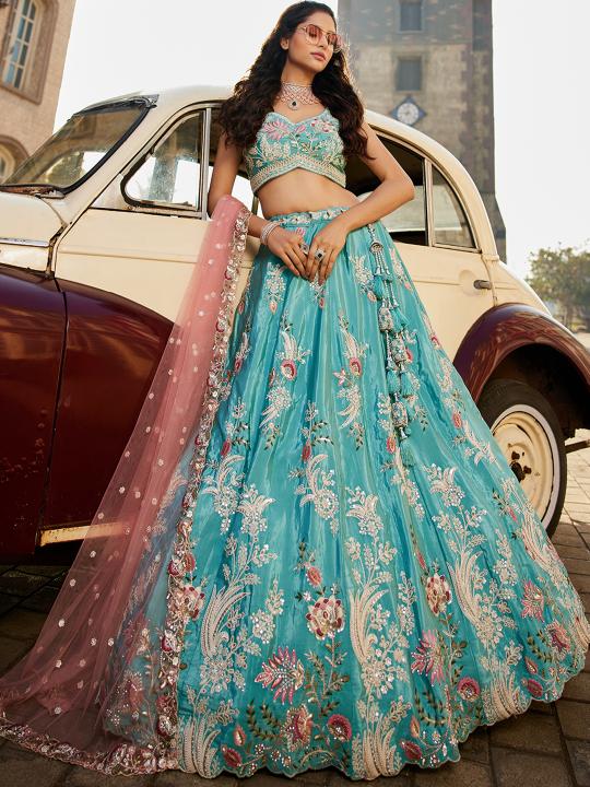 Turquoise Party Wear Net Lehenga