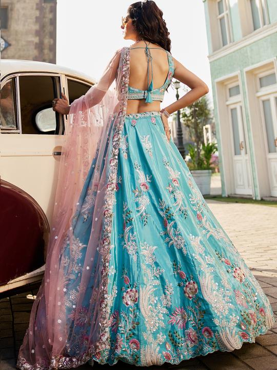 Turquoise Party Wear Net Lehenga — alternate view