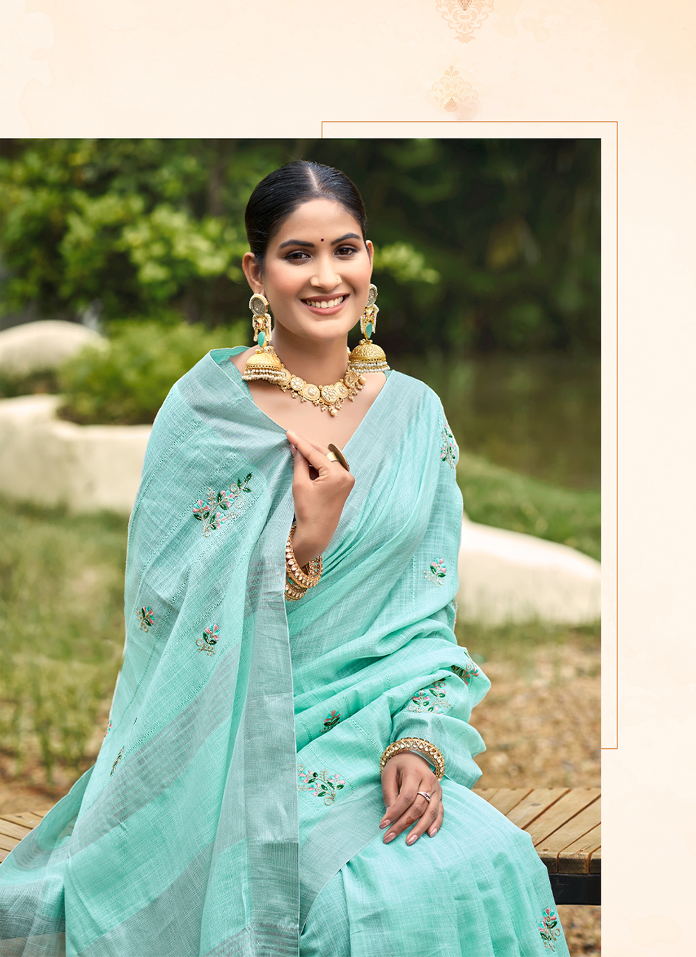 Turquoise Woven Embroidered Linen Saree