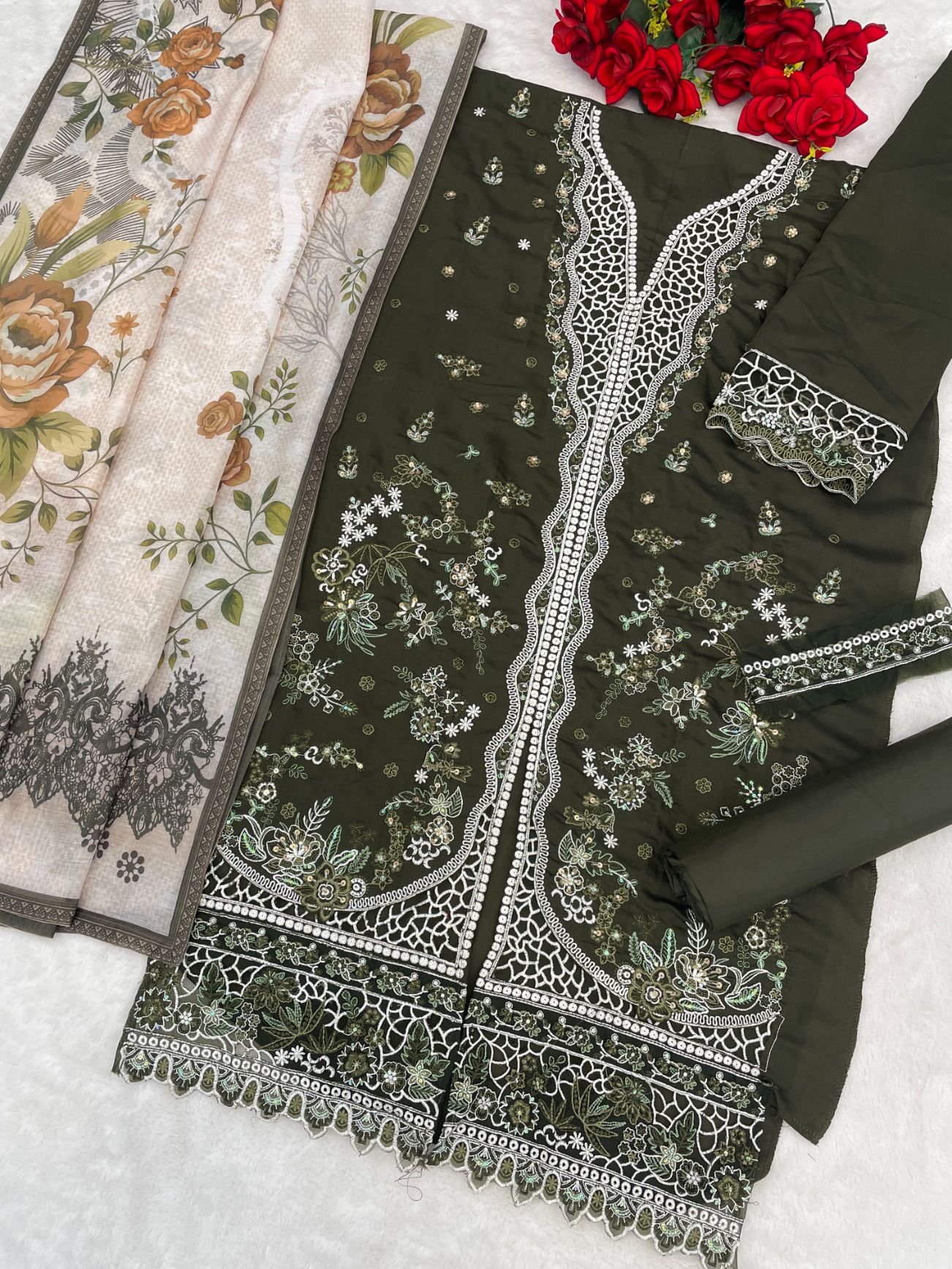 Verdant Grace Embroidered Kameez Ensemble