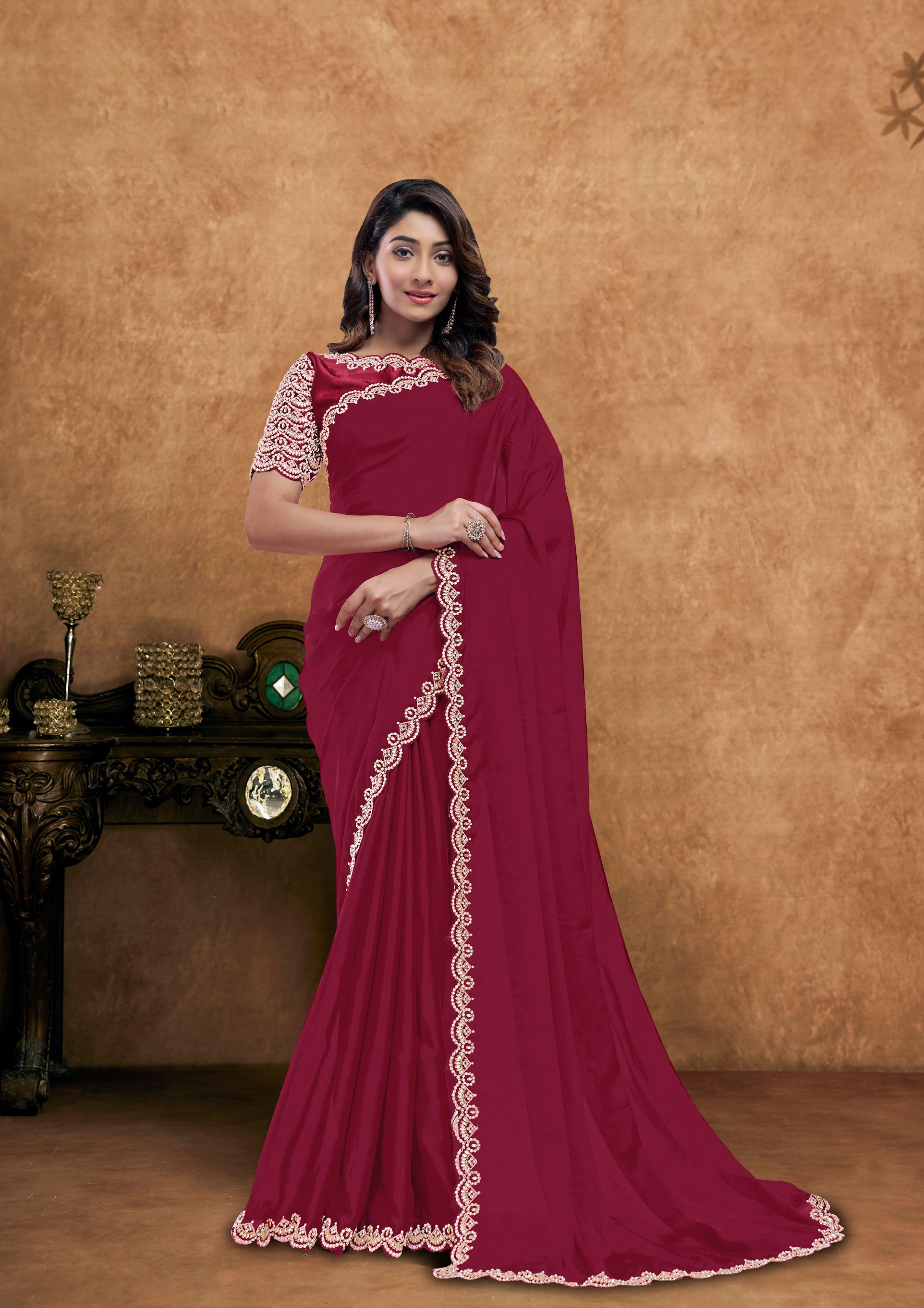 Vibrant Red Crepe Silk Designer Saree