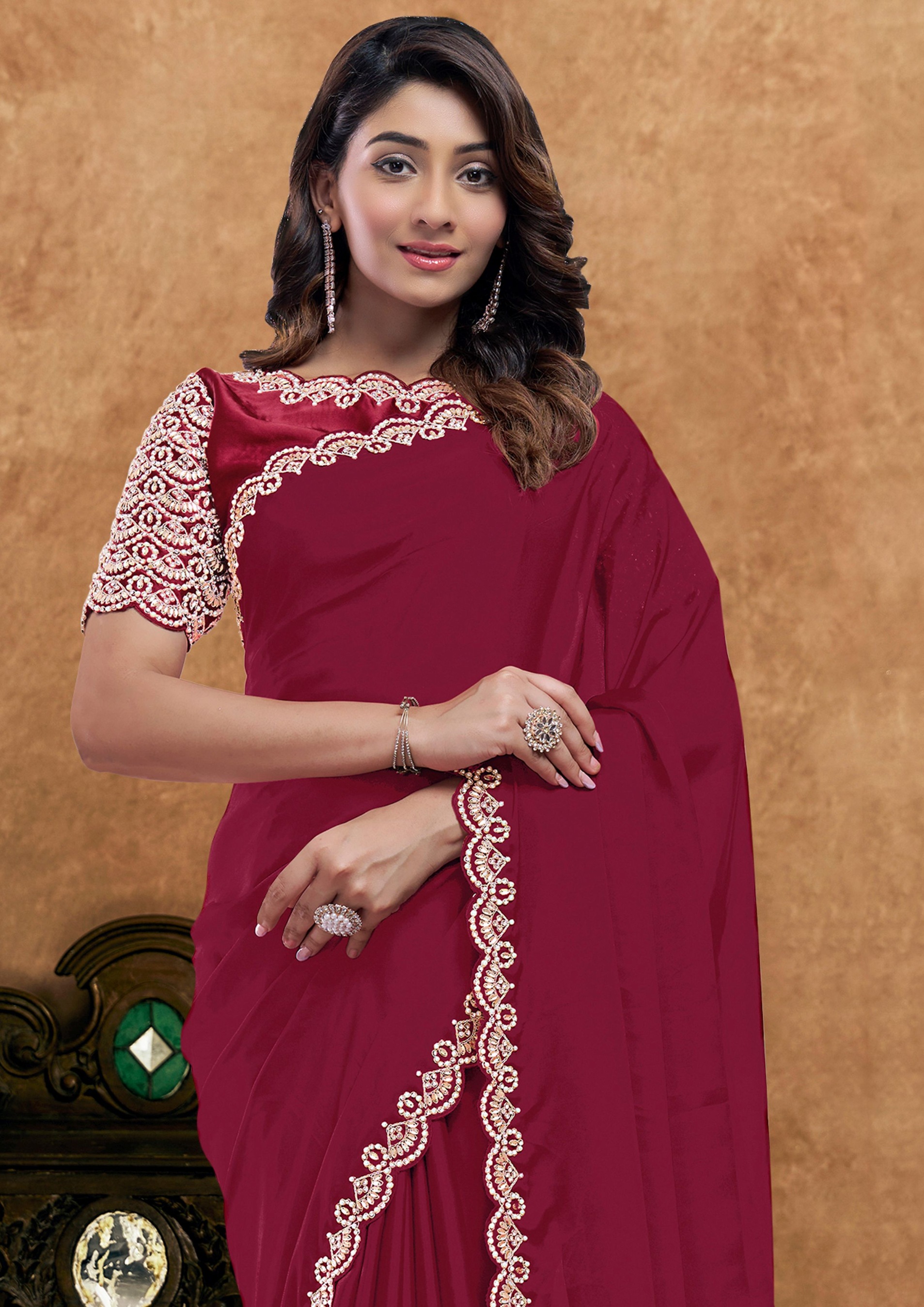 Vibrant Red Crepe Silk Designer Saree — alternate view
