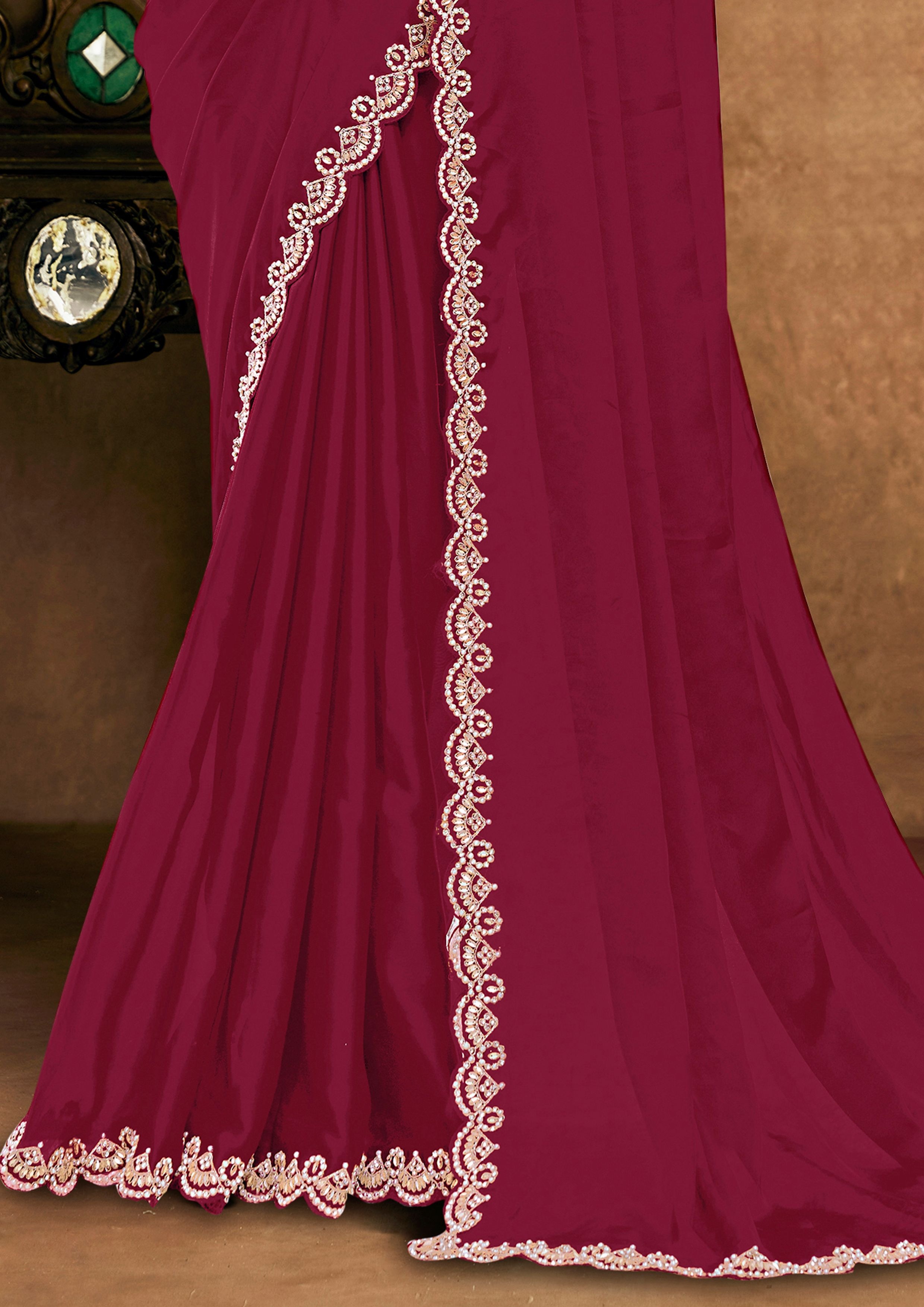 Vibrant Red Crepe Silk Designer Saree
