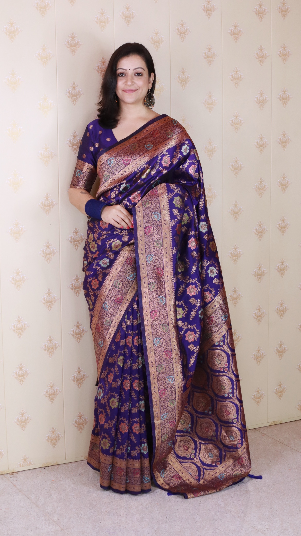 Violet Banarasi Silk Floral Meenakari Saree