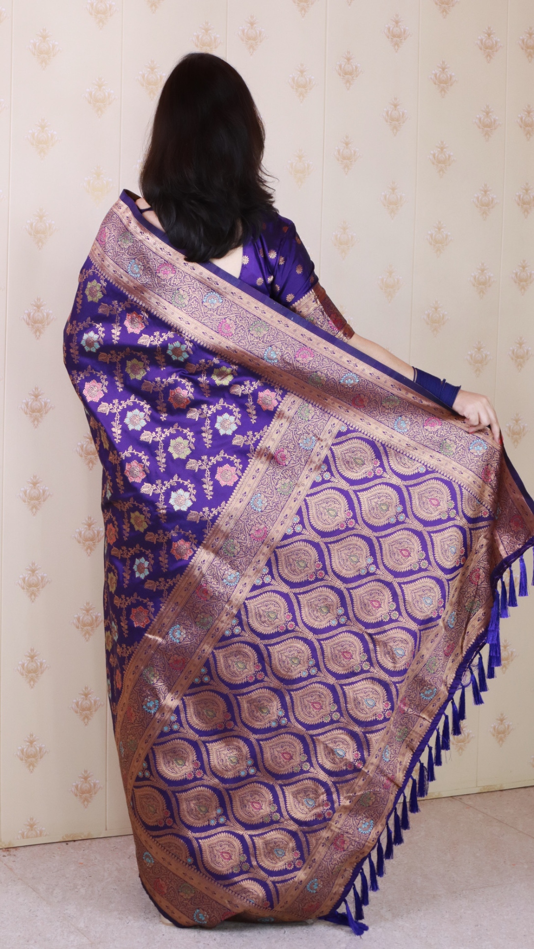 Violet Banarasi Silk Floral Meenakari Saree — alternate view