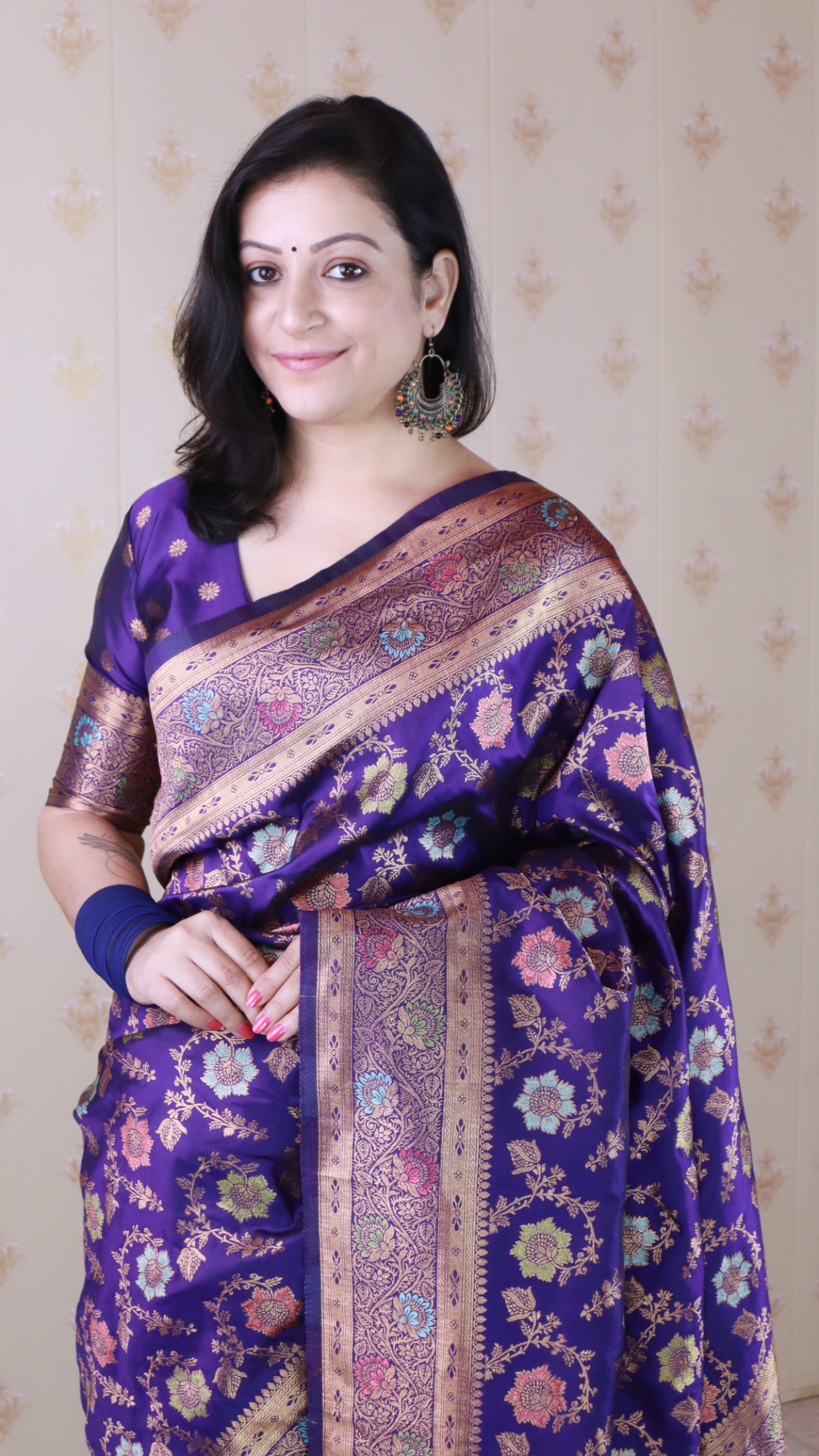Violet Banarasi Silk Floral Meenakari Saree