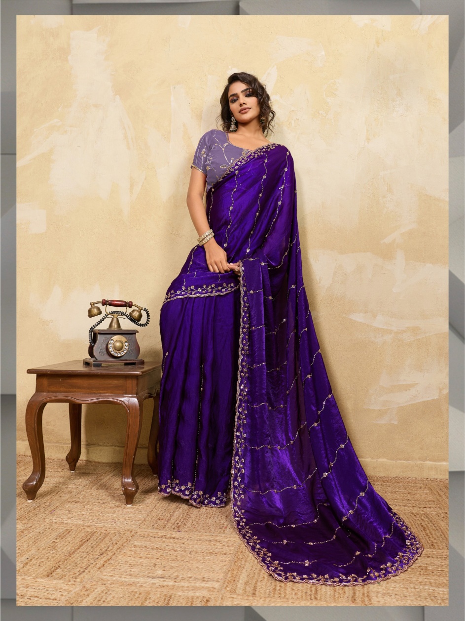 Violet Botanical Zari Metallic Velvet Satin Saree
