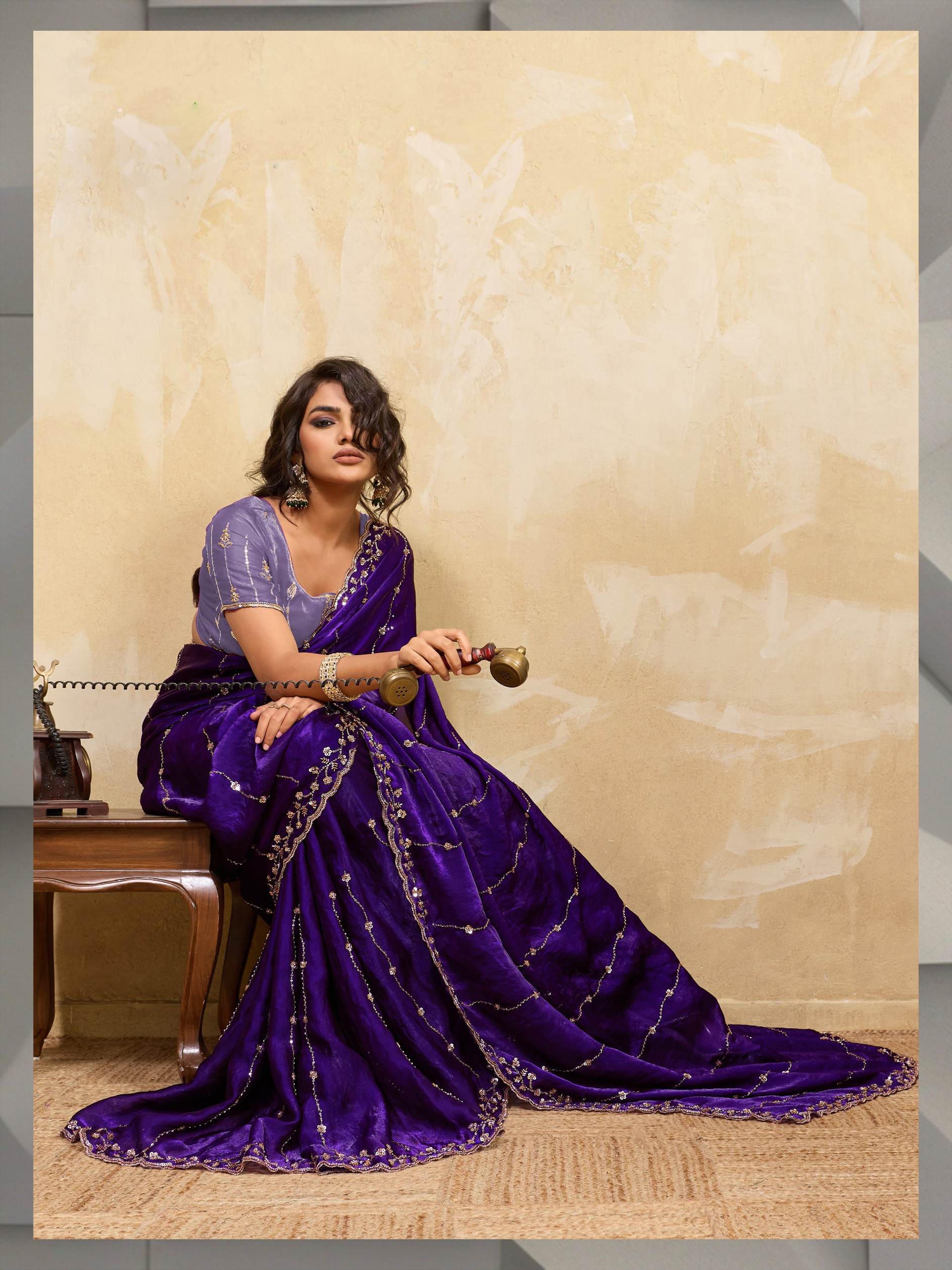 Violet Botanical Zari Metallic Velvet Satin Saree — alternate view