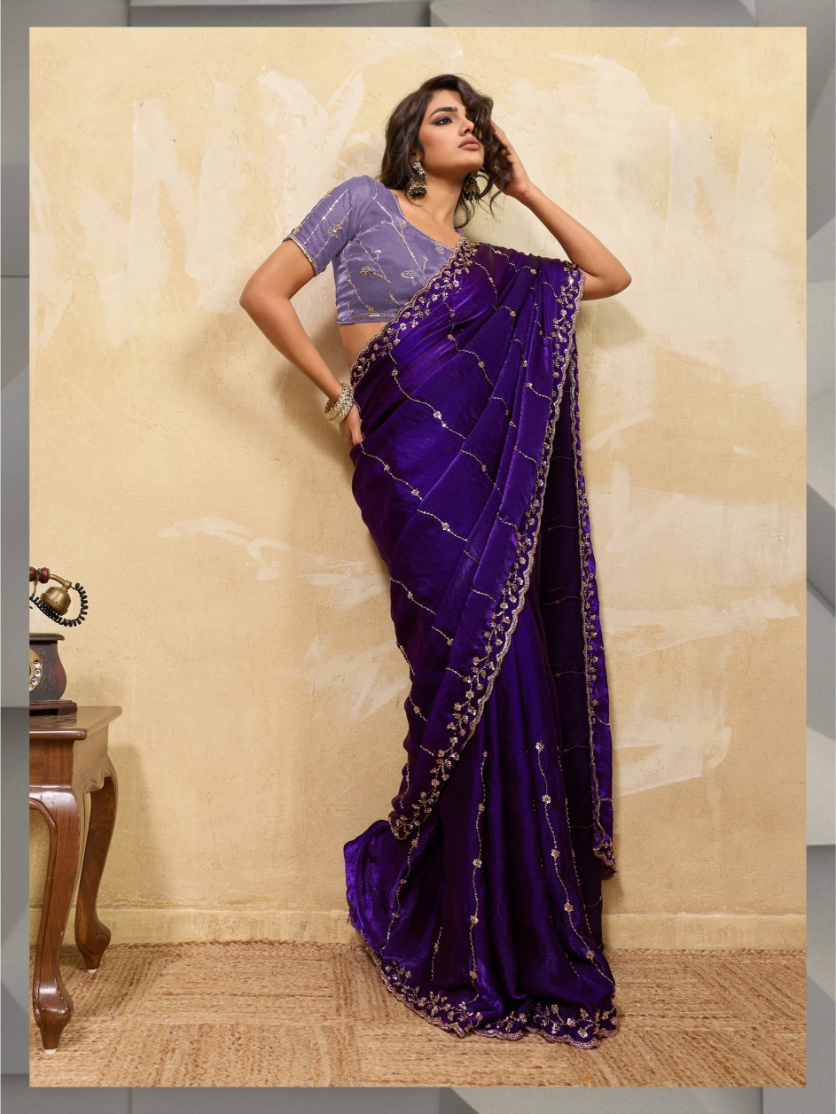 Violet Botanical Zari Metallic Velvet Satin Saree