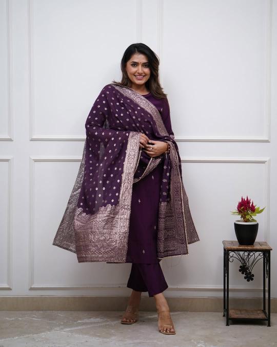 Violet Chanderi Stitched Suits — alternate view