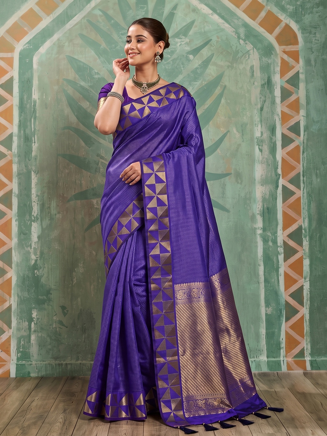 Violet Checked Zari Art Silk Saree