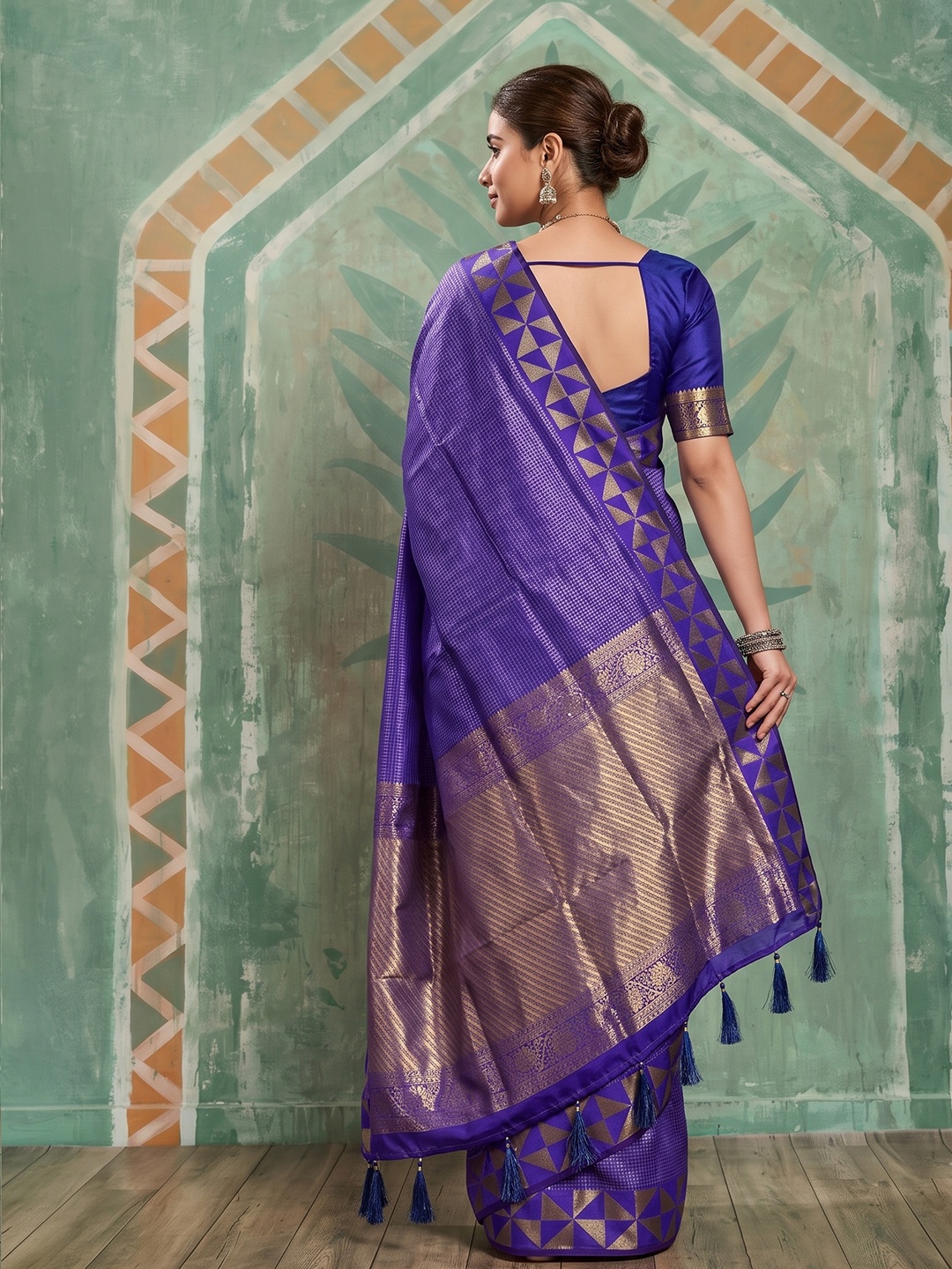Violet Checked Zari Art Silk Saree — alternate view