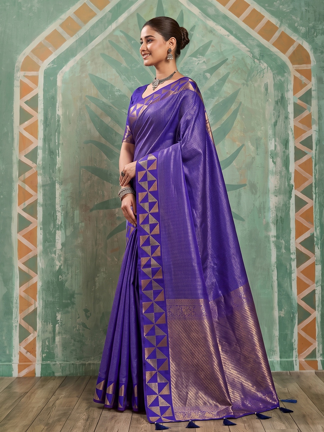 Violet Checked Zari Art Silk Saree