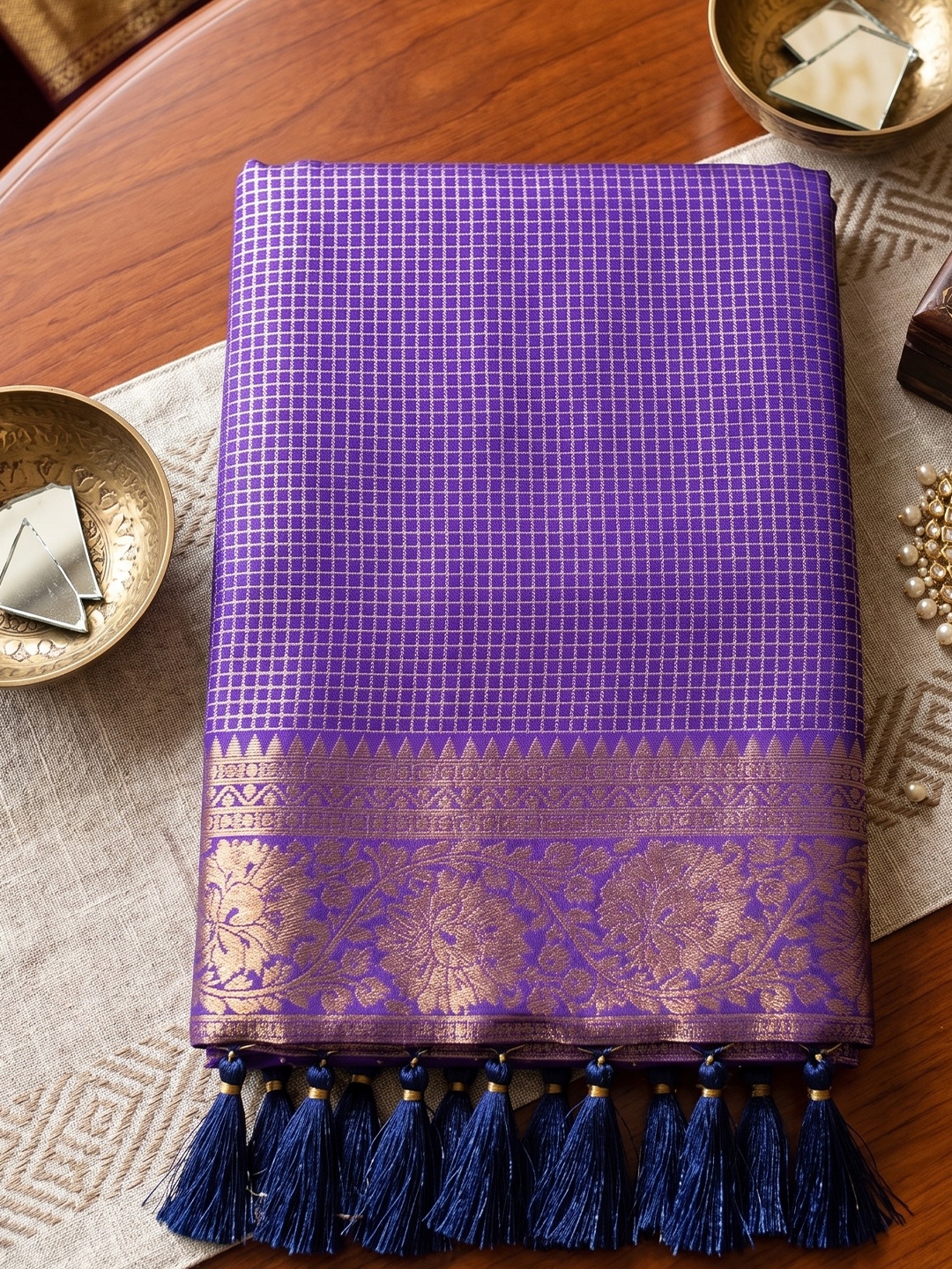 Violet Checked Zari Art Silk Saree