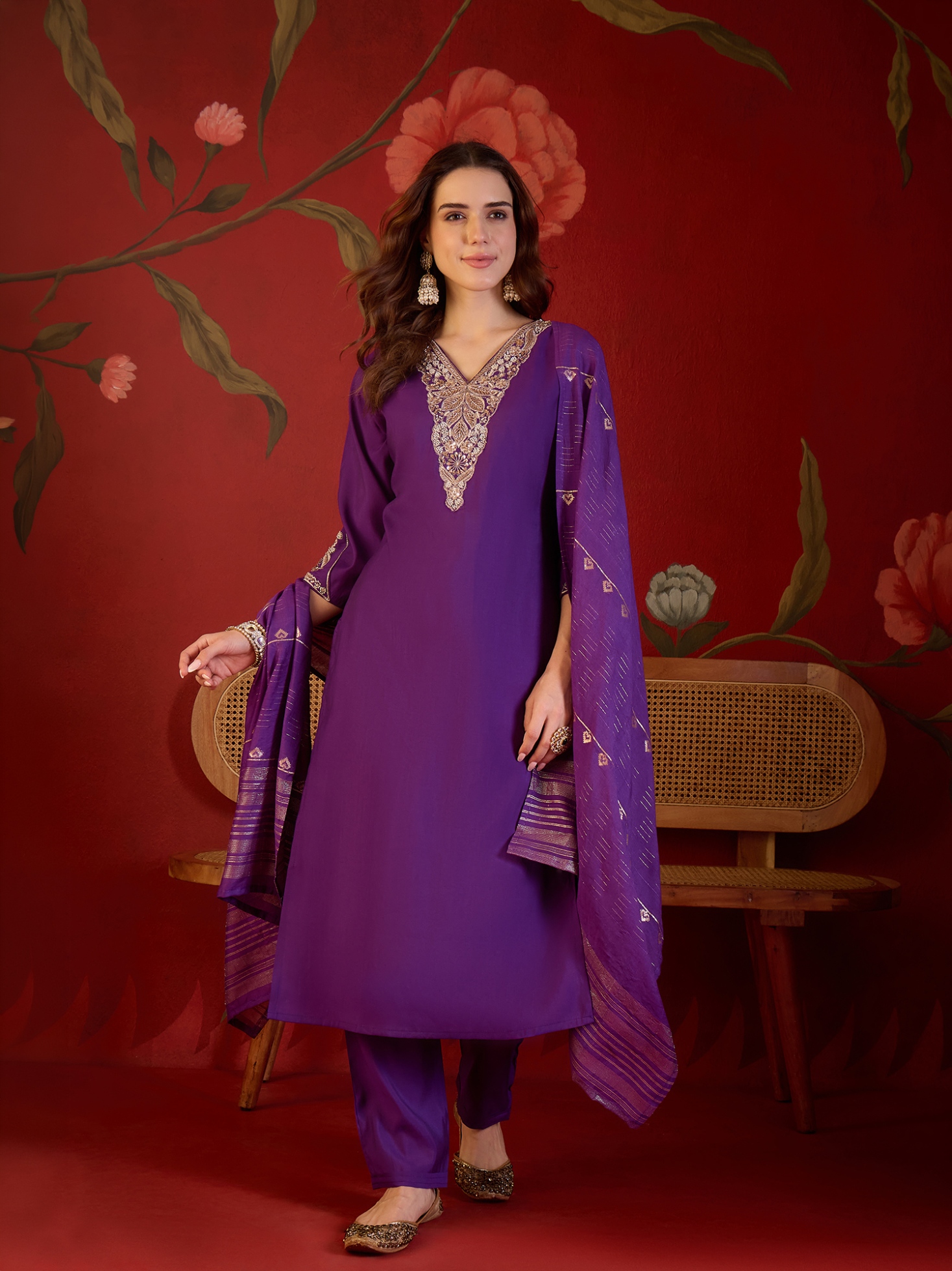 Violet Designer Embroidery Roman Silk Straight Suit