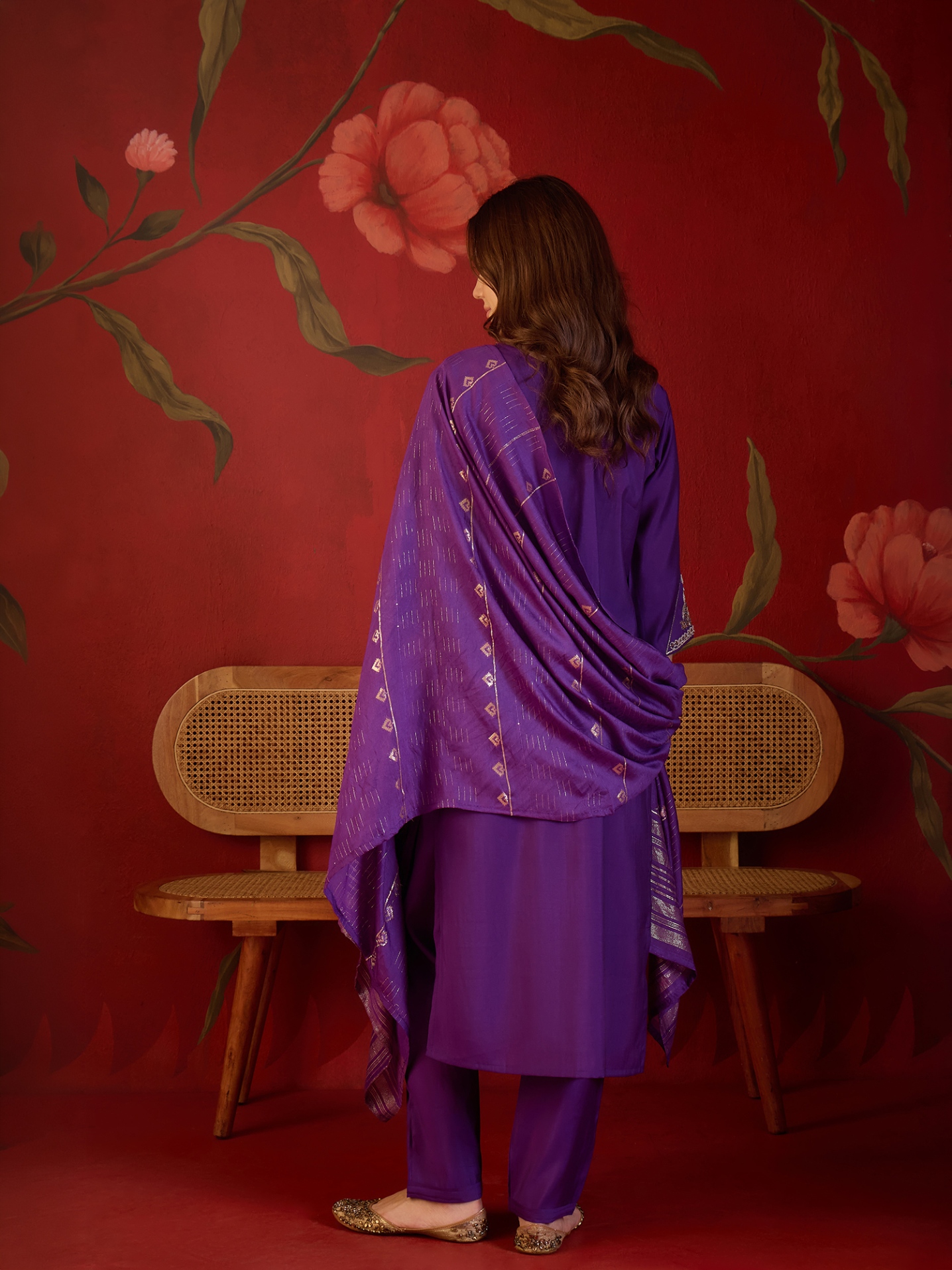 Violet Designer Embroidery Roman Silk Straight Suit — alternate view