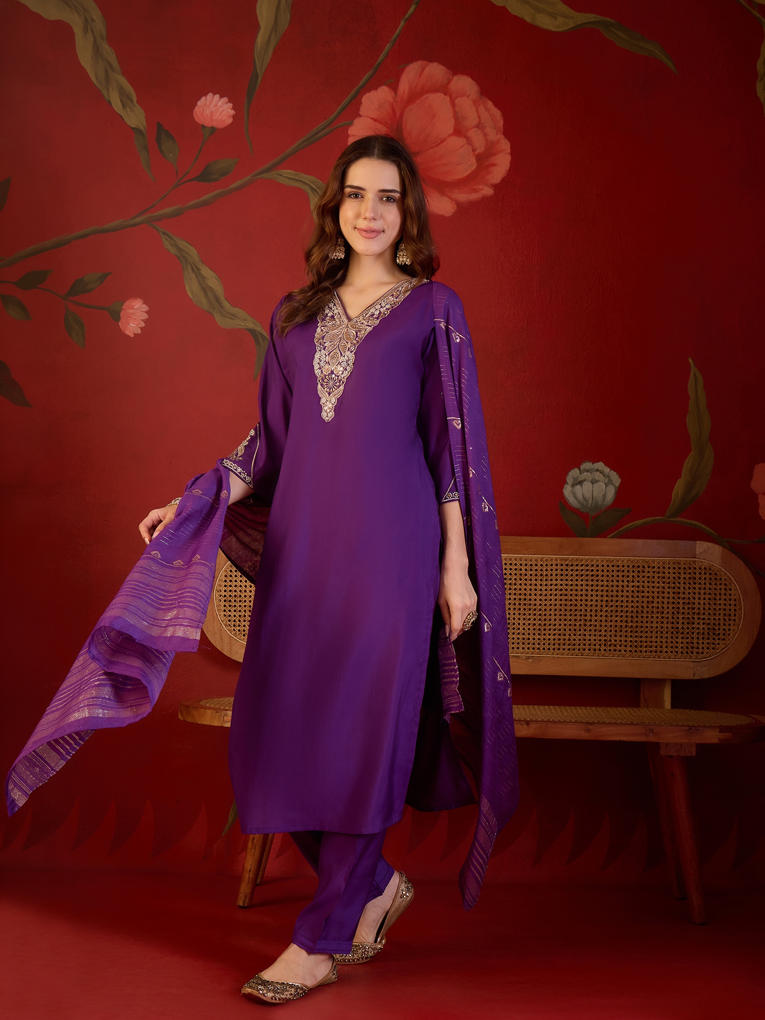 Violet Designer Embroidery Roman Silk Straight Suit