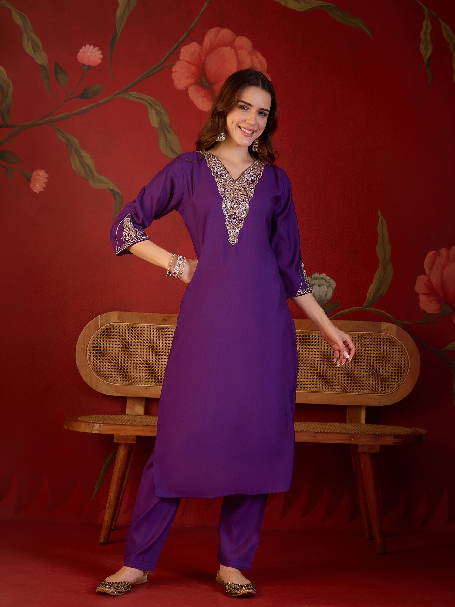 Violet Designer Embroidery Roman Silk Straight Suit