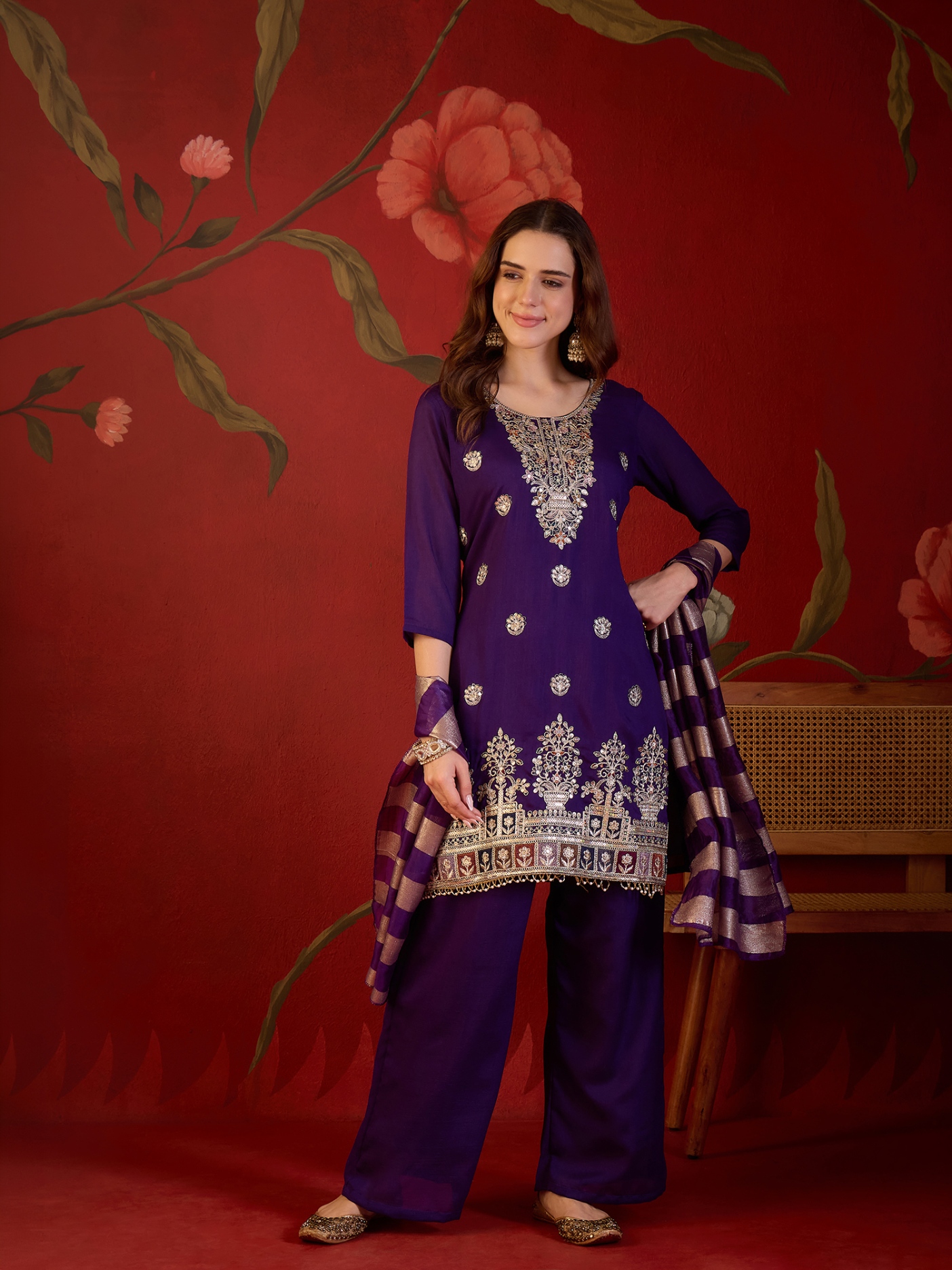 Violet Designer Embroidery Vichitra Palazzo Suit
