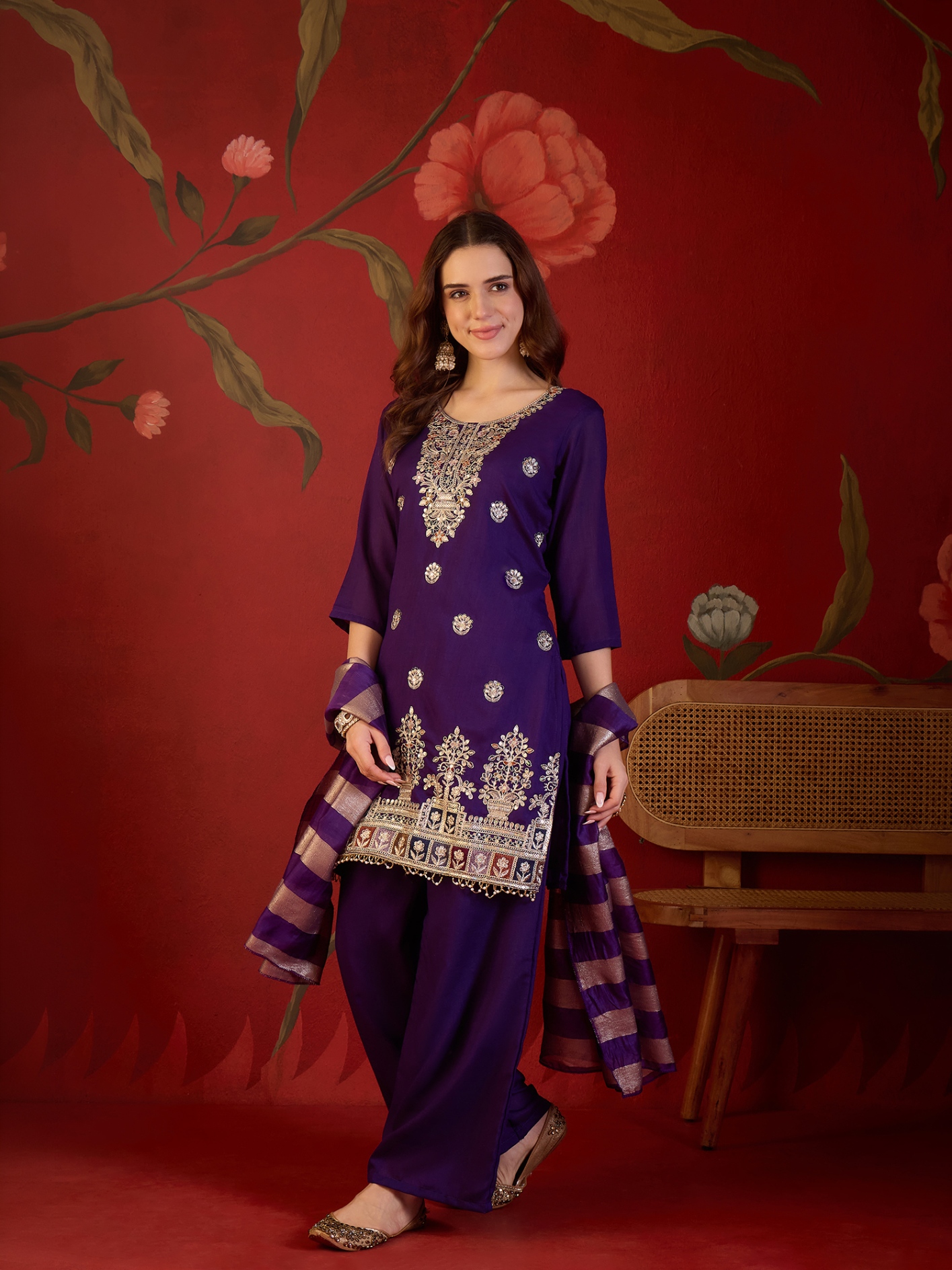 Violet Designer Embroidery Vichitra Palazzo Suit
