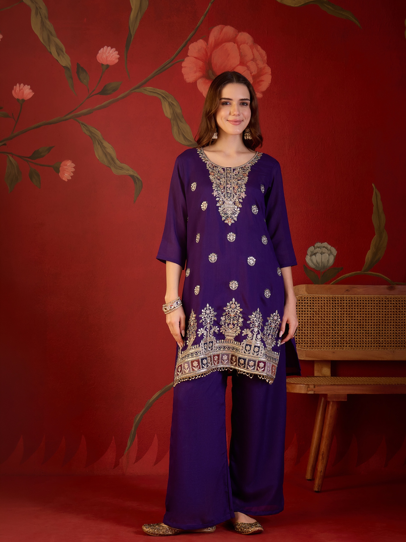 Violet Designer Embroidery Vichitra Palazzo Suit