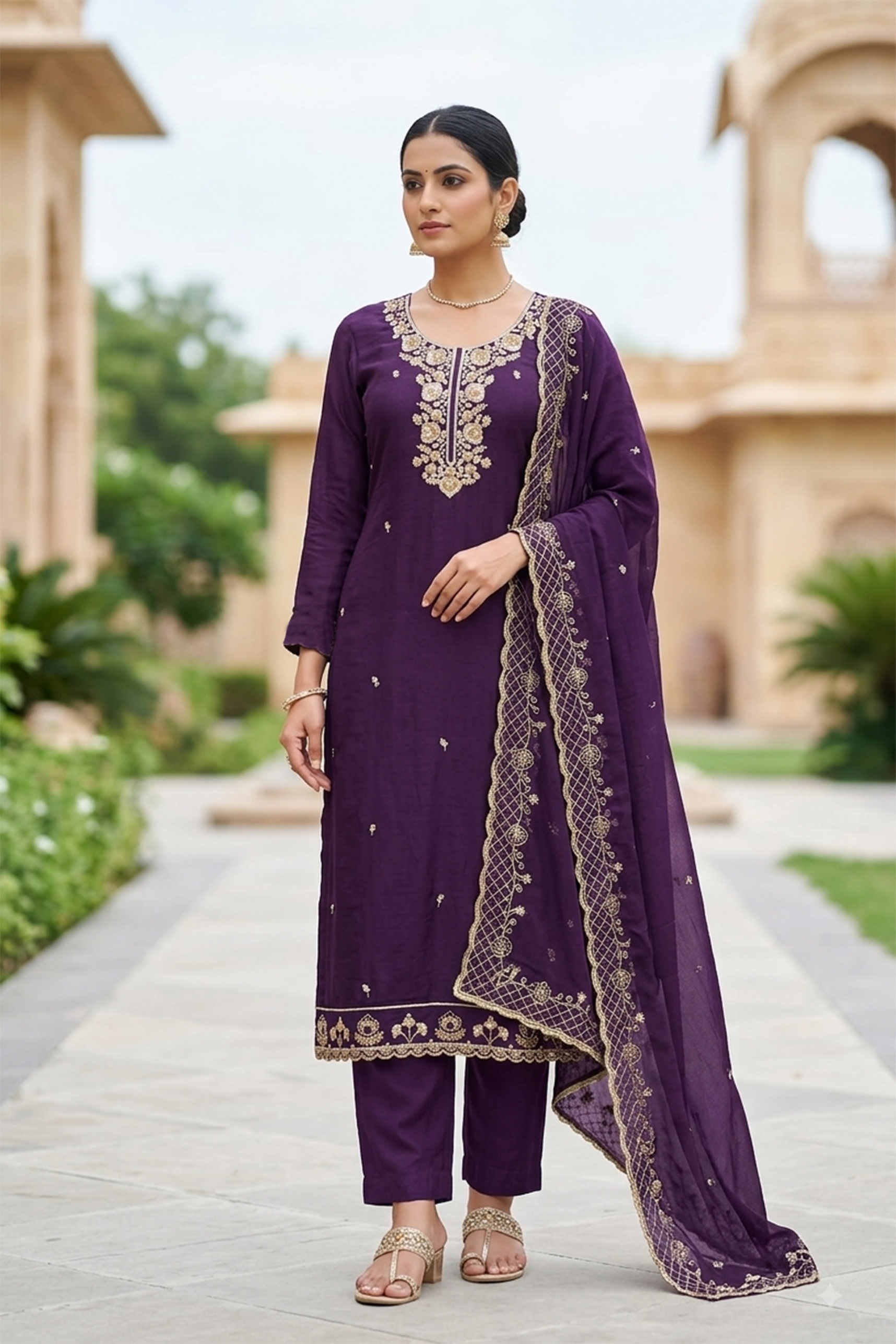 Violet Embroidered Chanderi Straight Suit