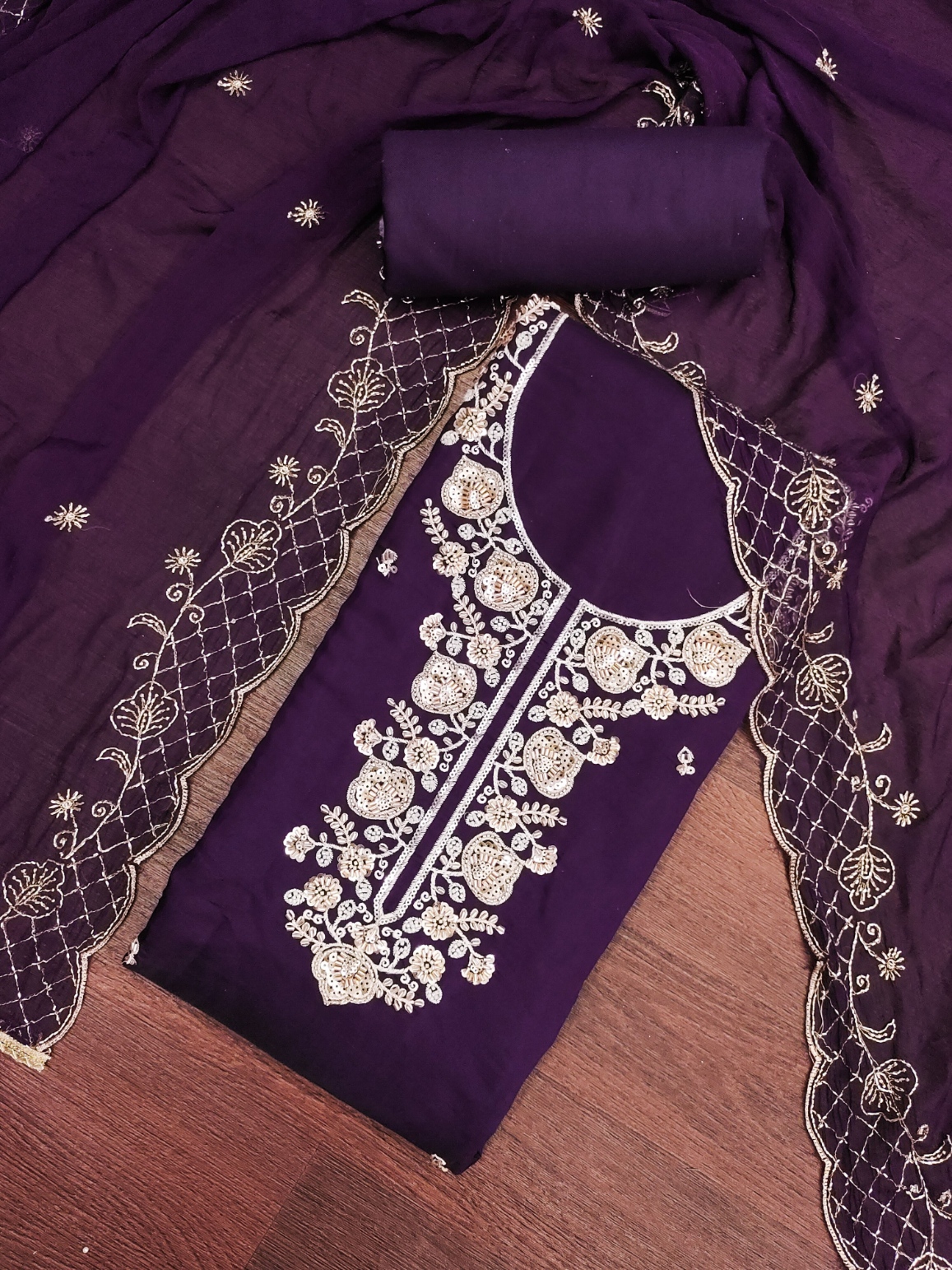 Violet Embroidered Chanderi Straight Suit