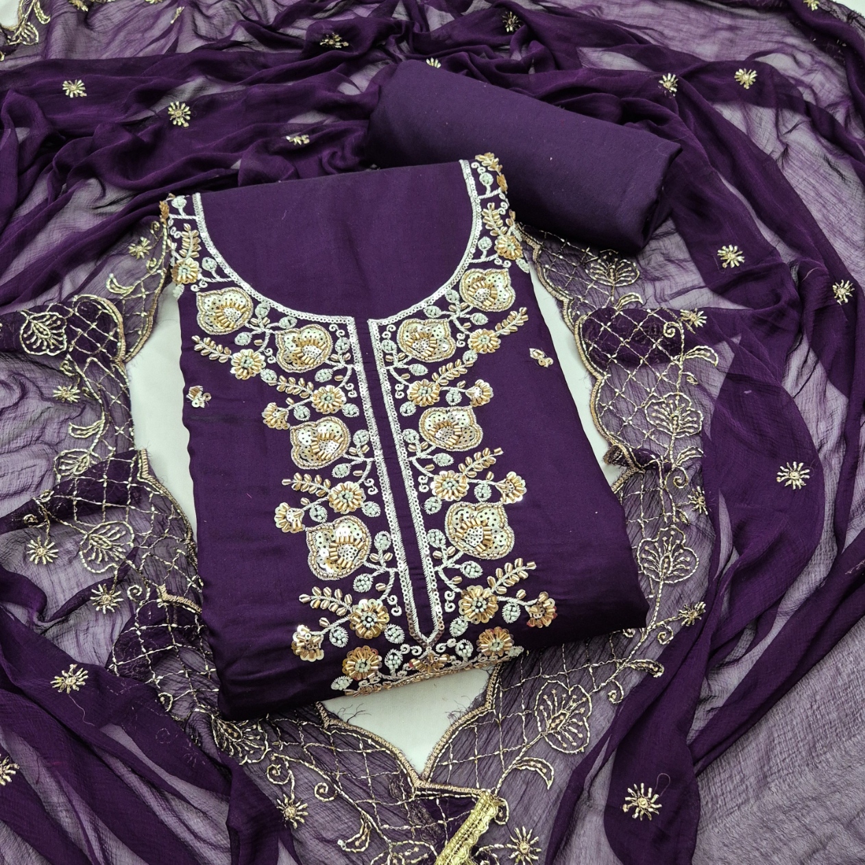 Violet Embroidered Chanderi Straight Suit