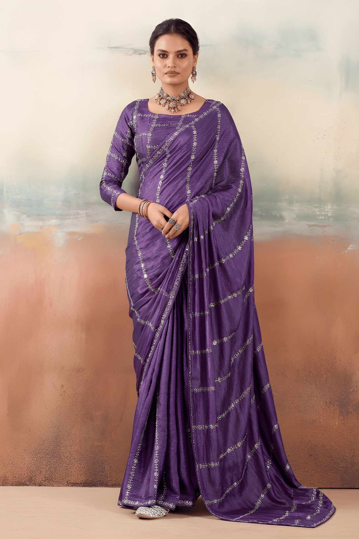 Violet Embroidered Chiffon Designer Saree