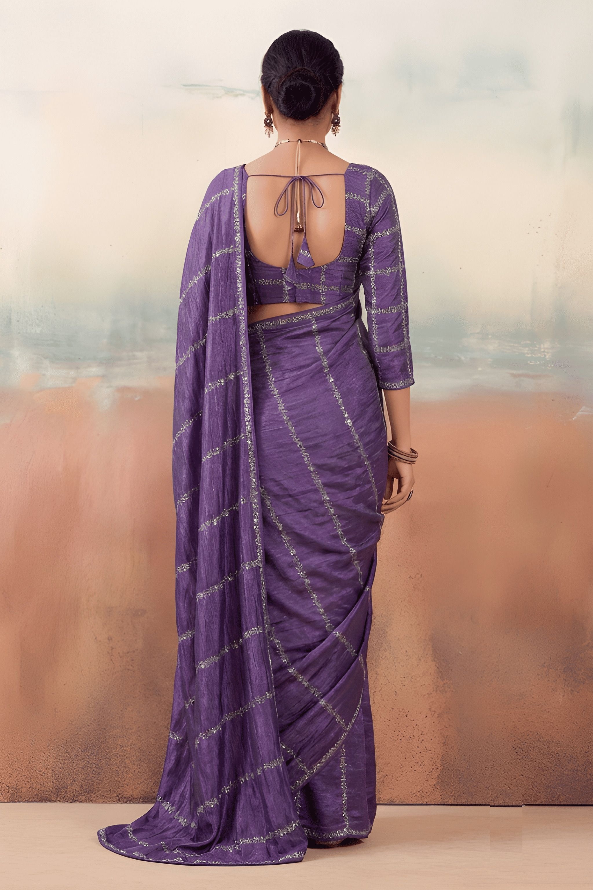 Violet Embroidered Chiffon Designer Saree — alternate view