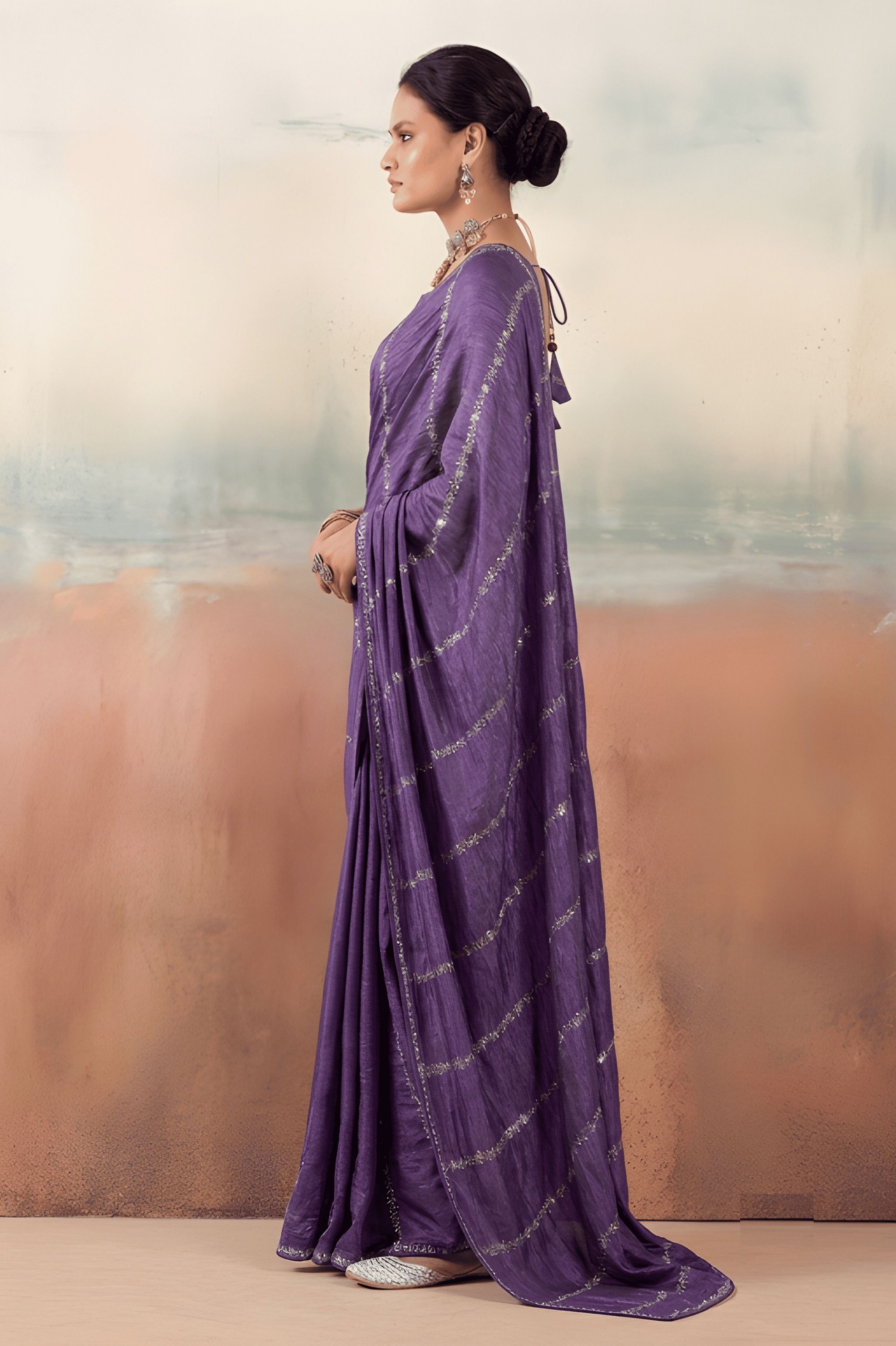 Violet Embroidered Chiffon Designer Saree