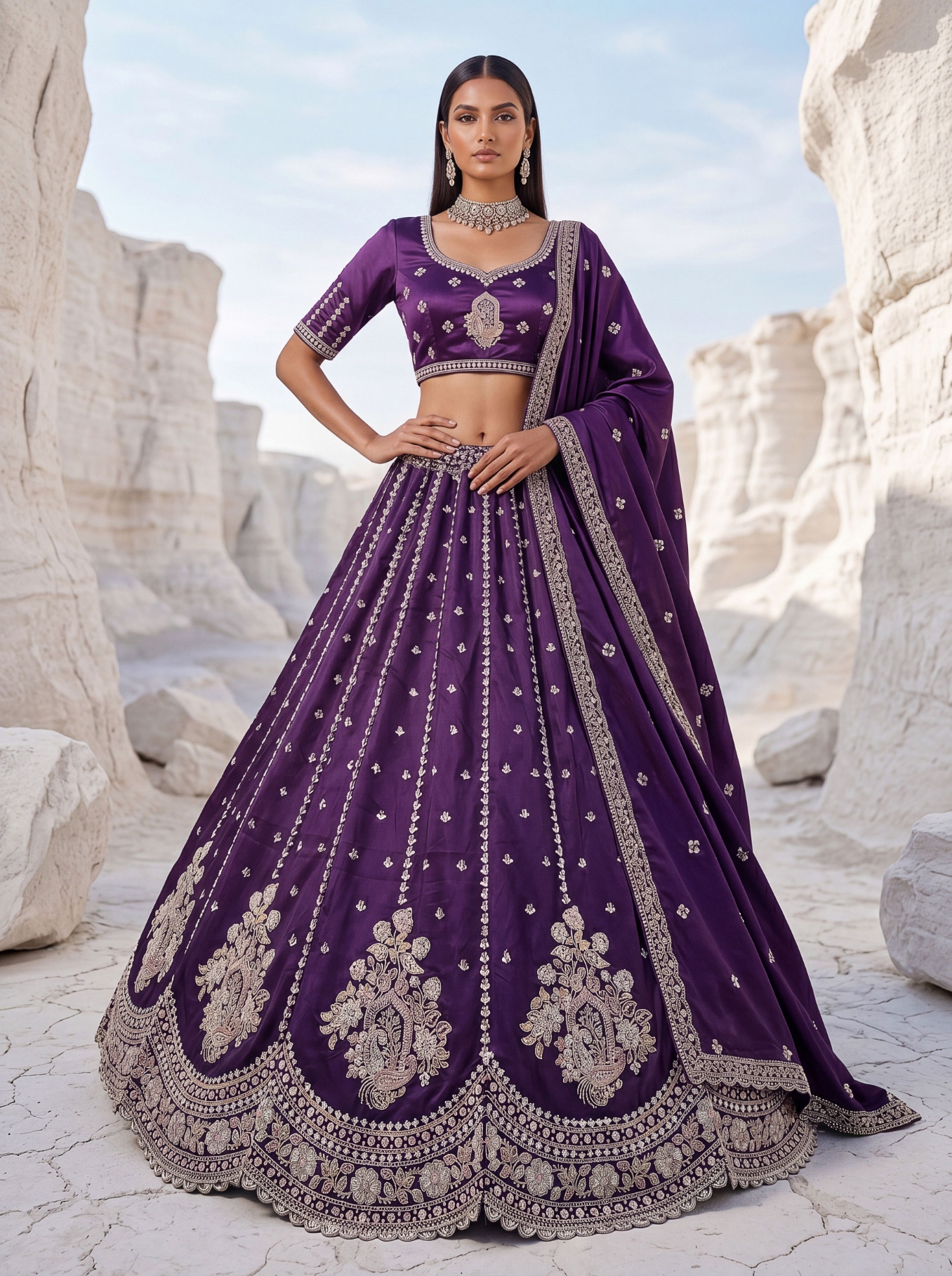 Violet Embroidered Silk Couture Lehenga