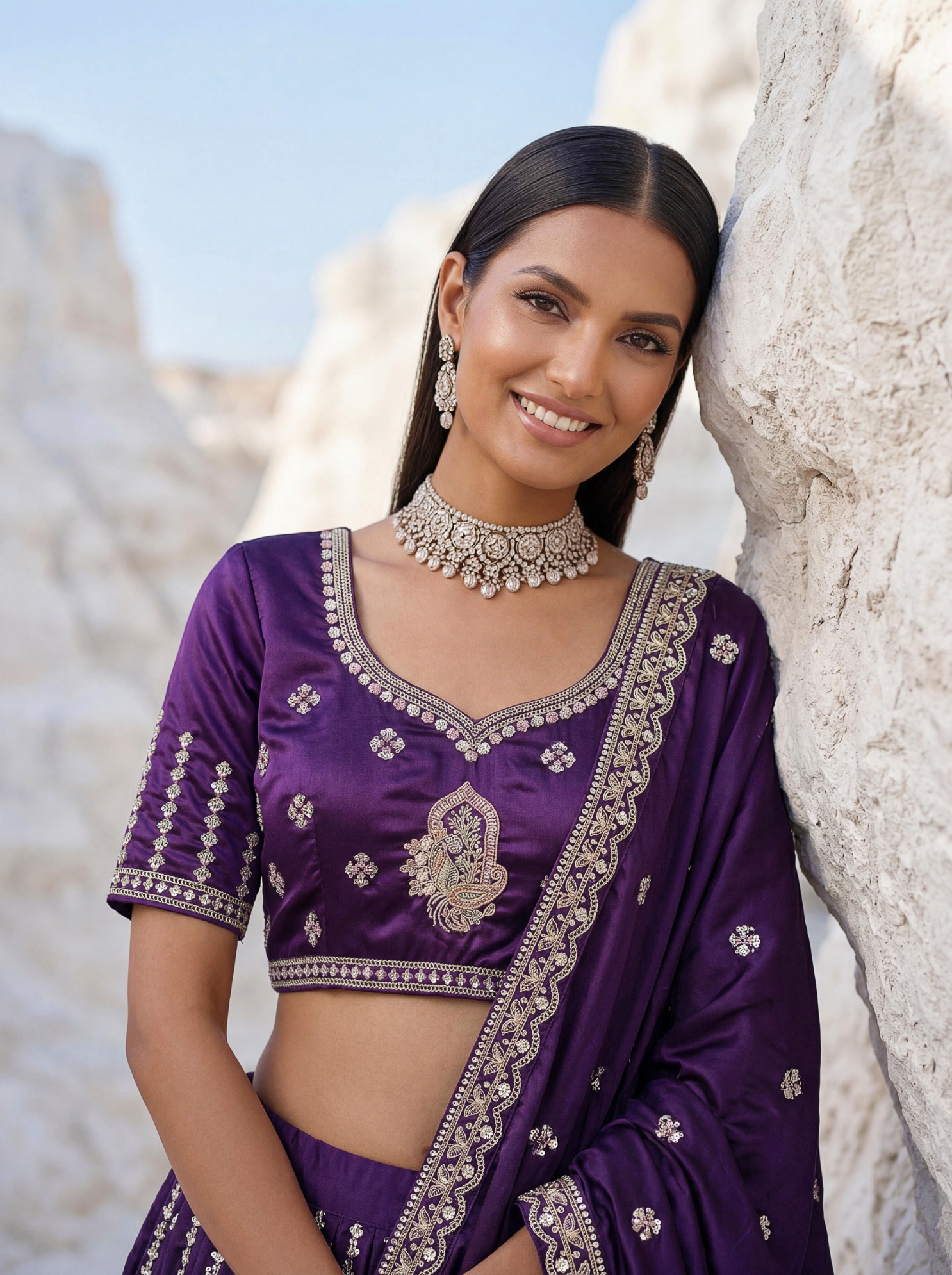 Violet Embroidered Silk Couture Lehenga