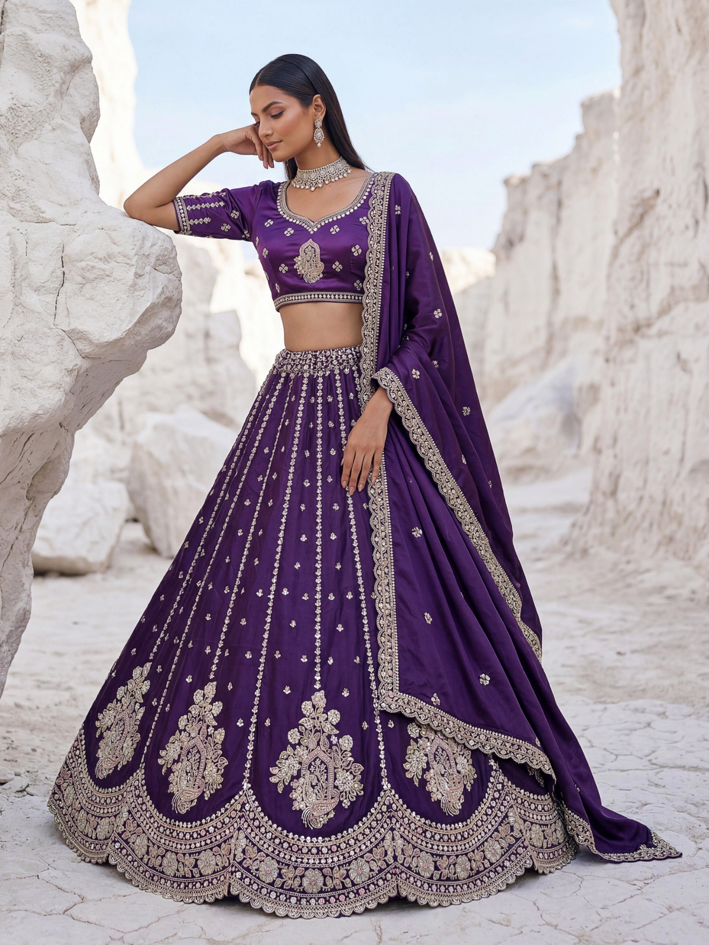 Violet Embroidered Silk Couture Lehenga