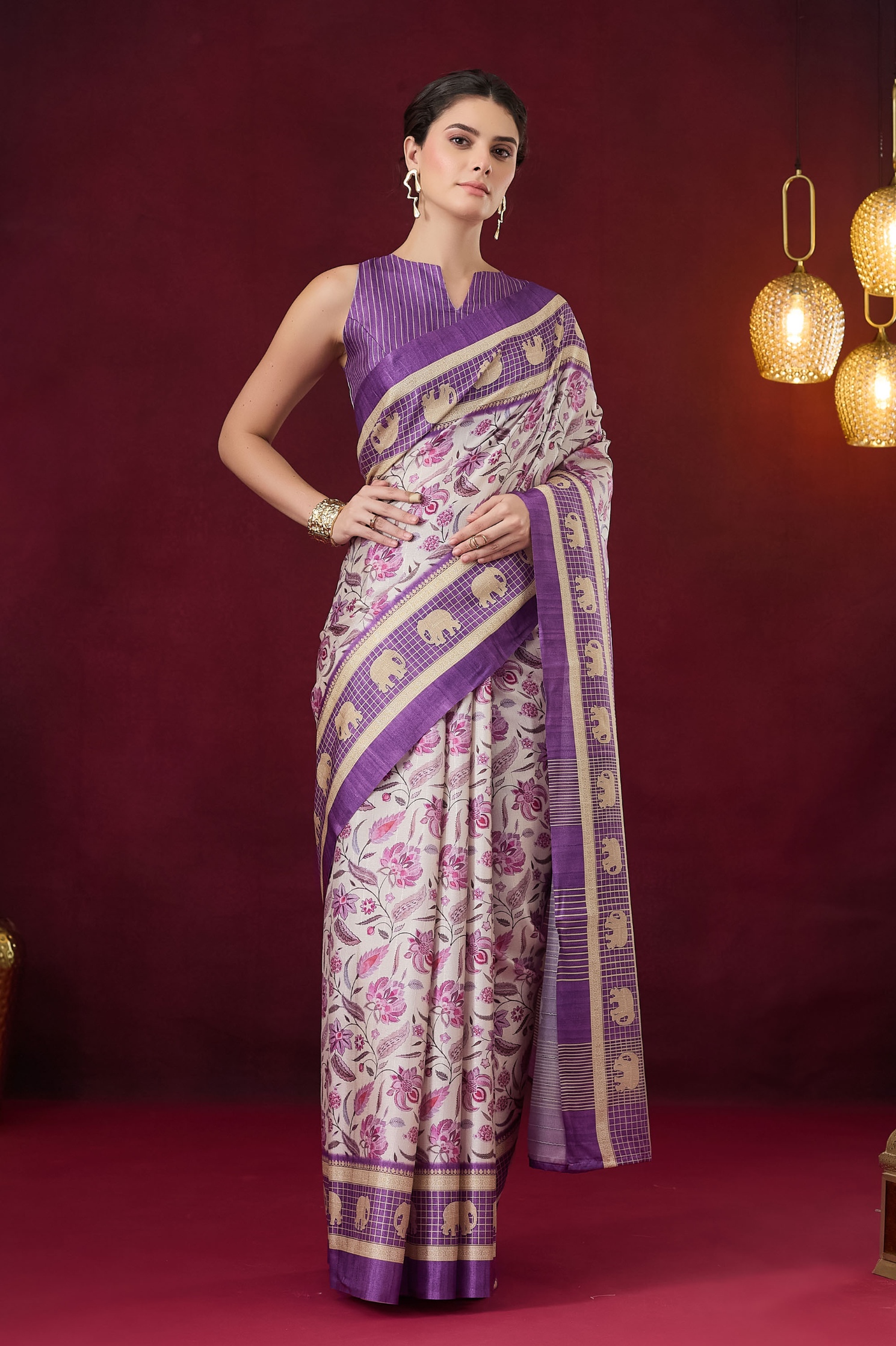 Violet Floral Designer Printed Art Silk Ready To Wear Saree