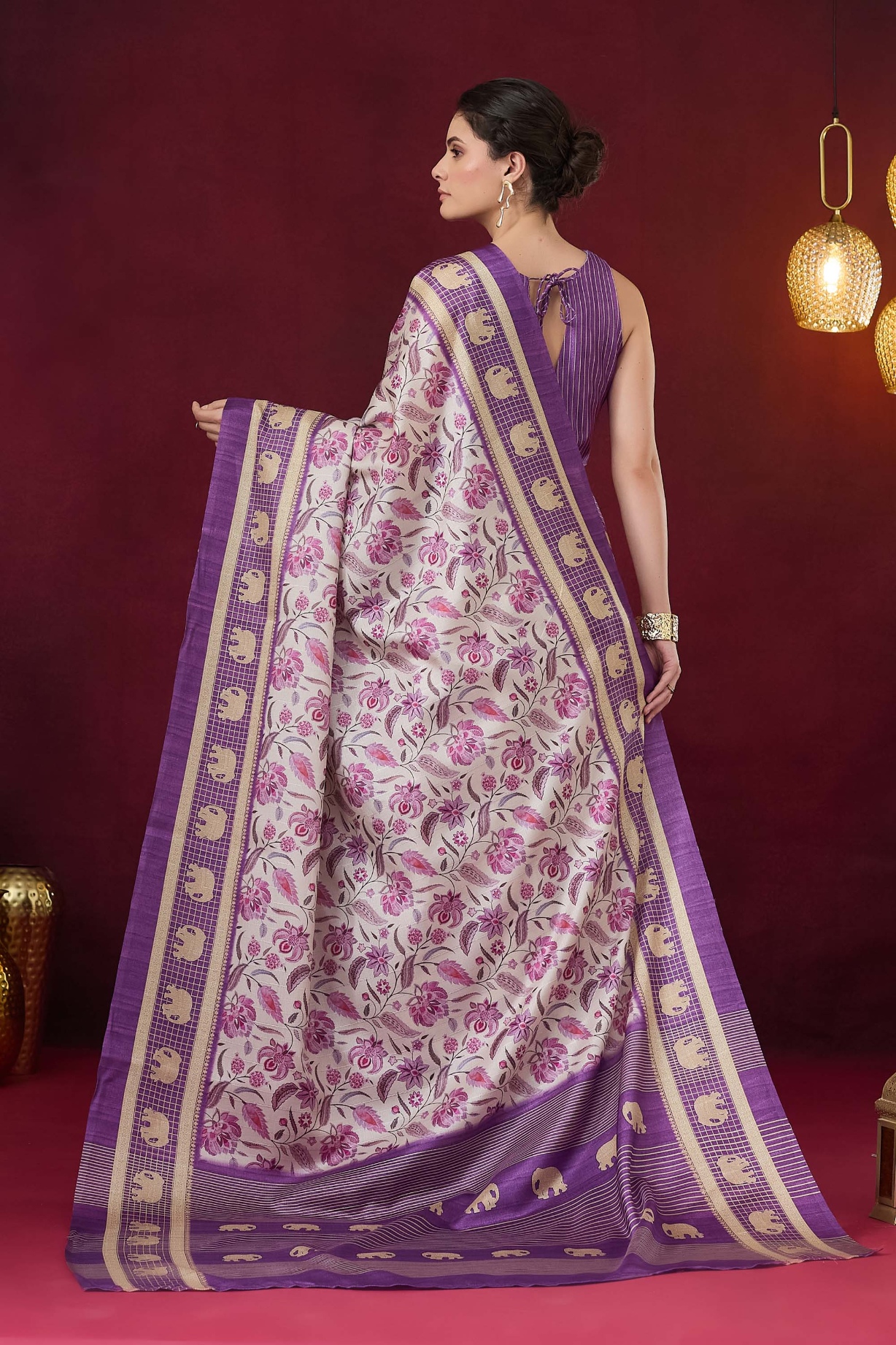 Violet Floral Designer Printed Art Silk Ready To Wear Saree — alternate view