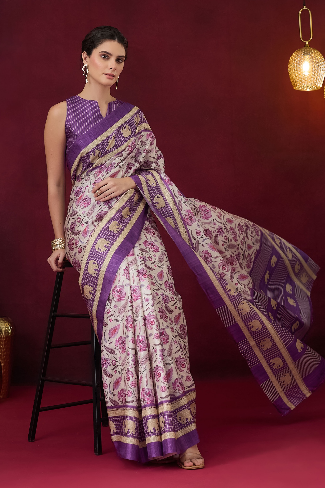 Violet Floral Designer Printed Art Silk Ready To Wear Saree