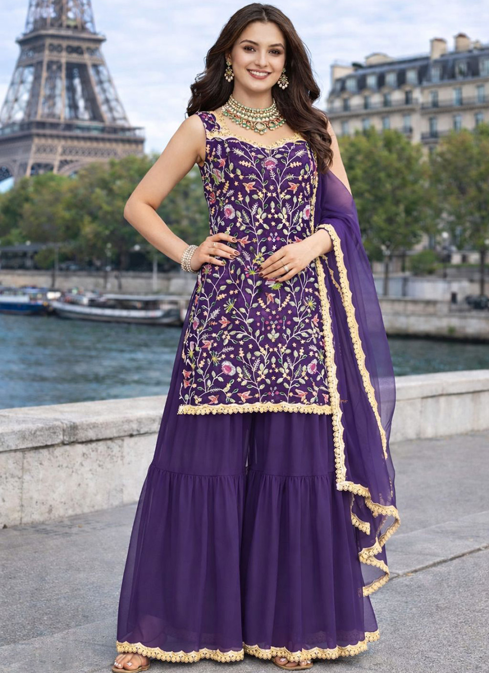 Violet Floral Embroidered Designer Sharara Suit