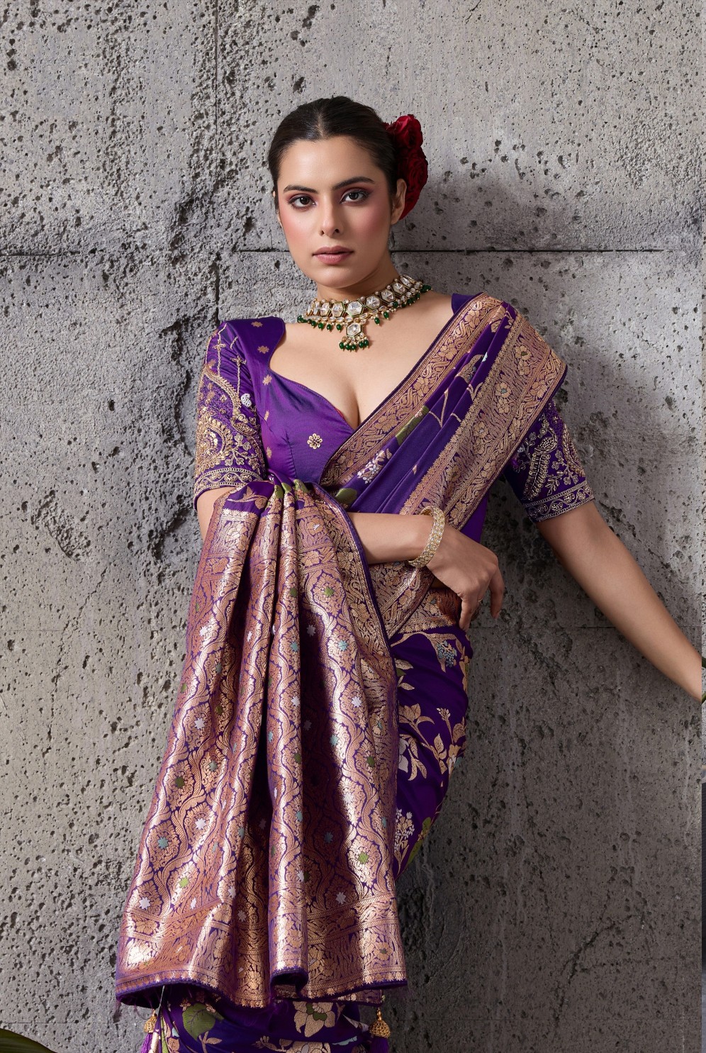 Violet Floral Paisley Zari Banarasi Silk Saree — alternate view