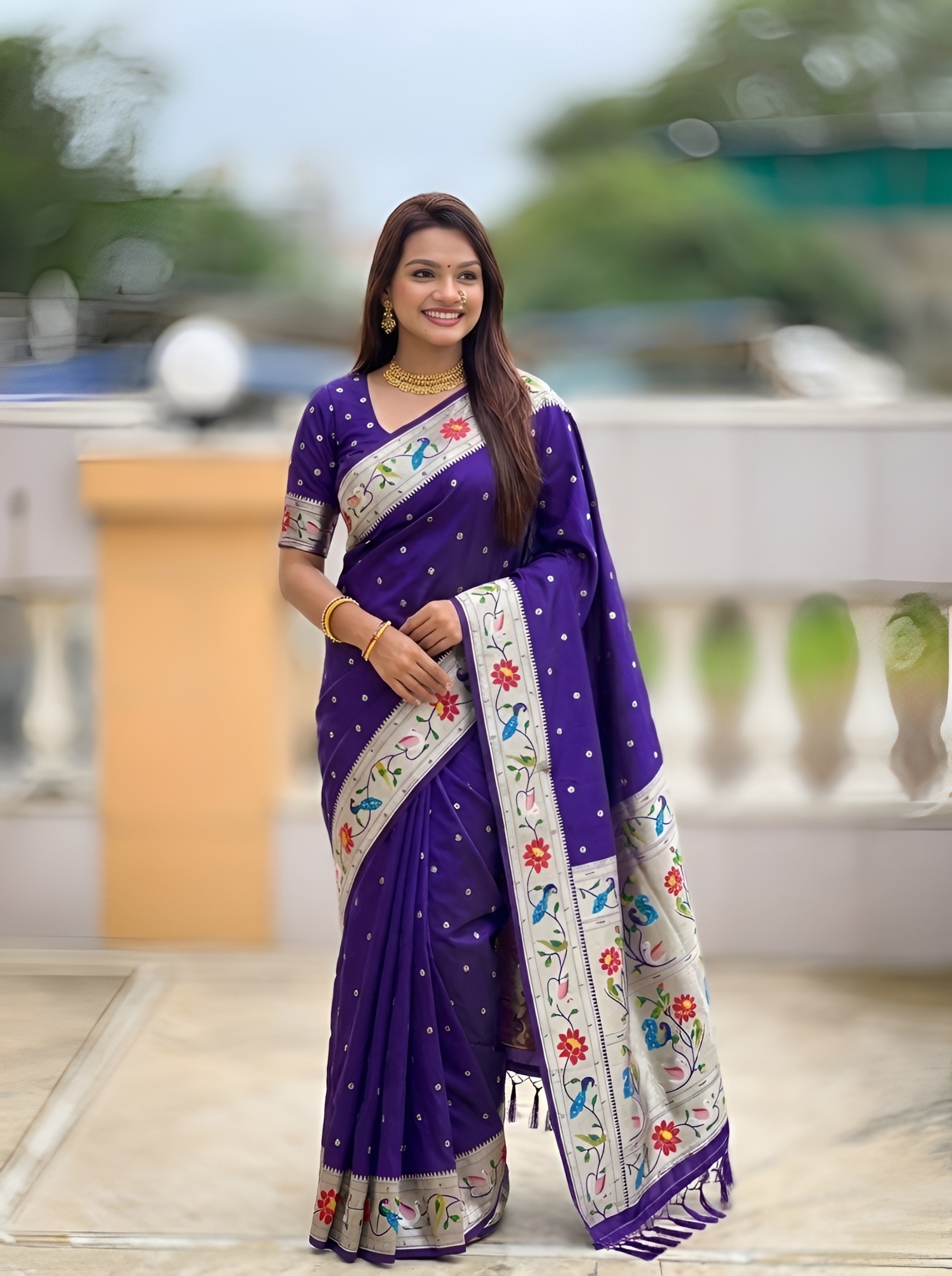Violet Floral Woven Silk Saree