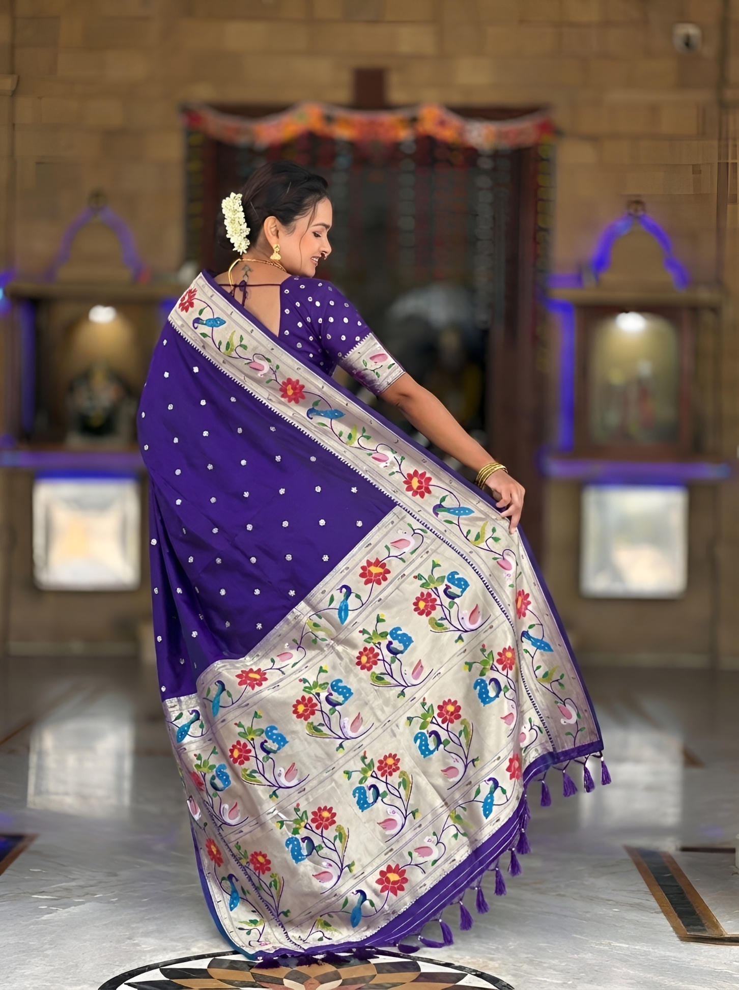 Violet Floral Woven Silk Saree — alternate view