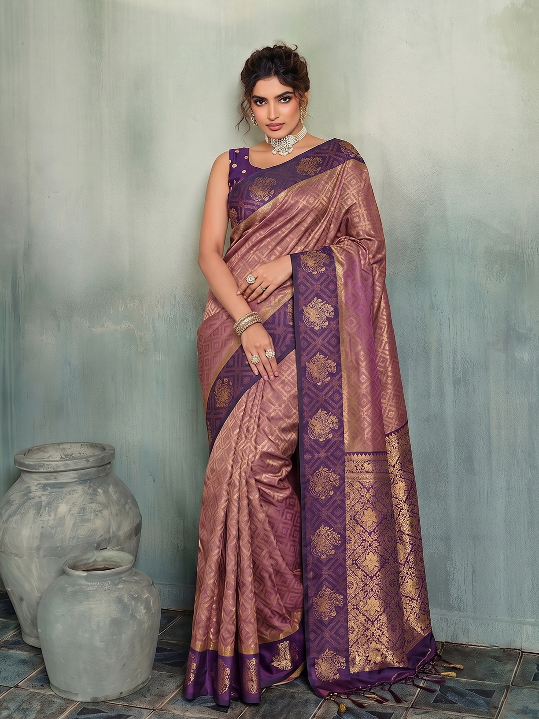 Violet Geometric Woven Designer Silk Saree