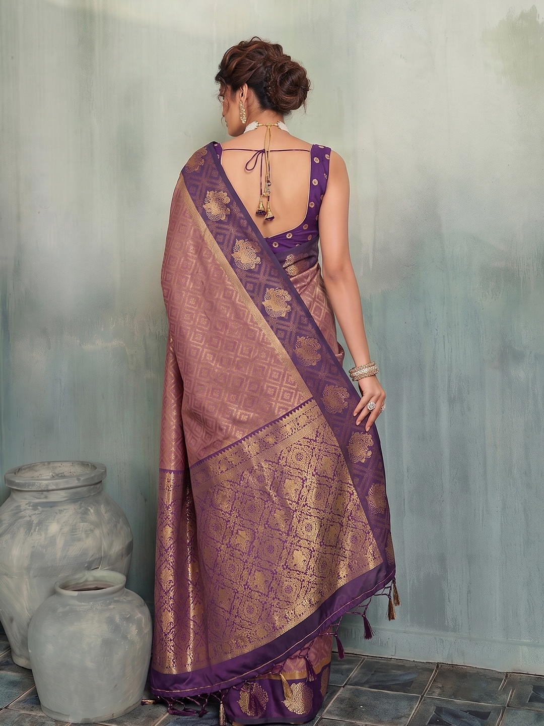 Violet Geometric Woven Designer Silk Saree — alternate view