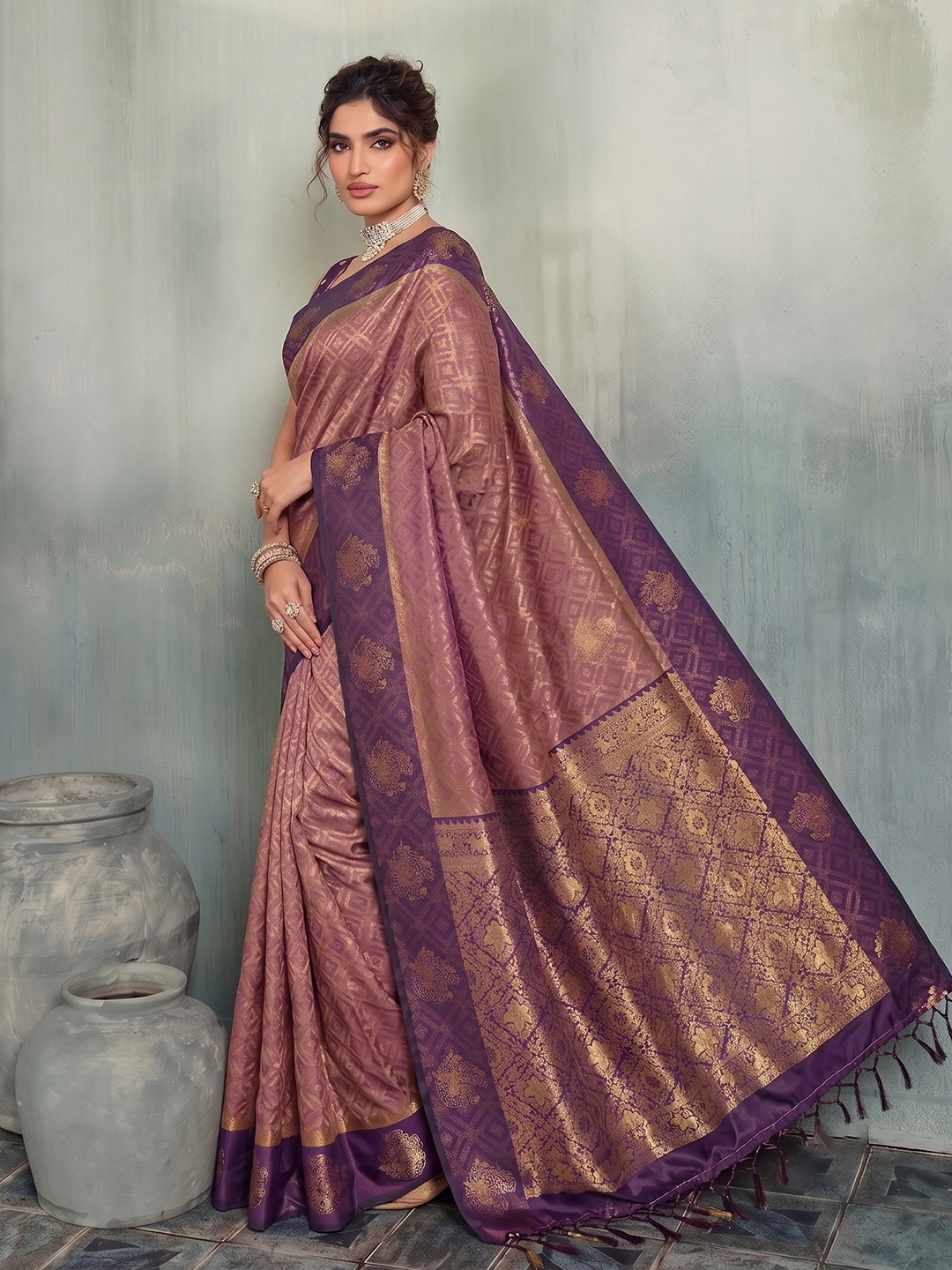 Violet Geometric Woven Designer Silk Saree