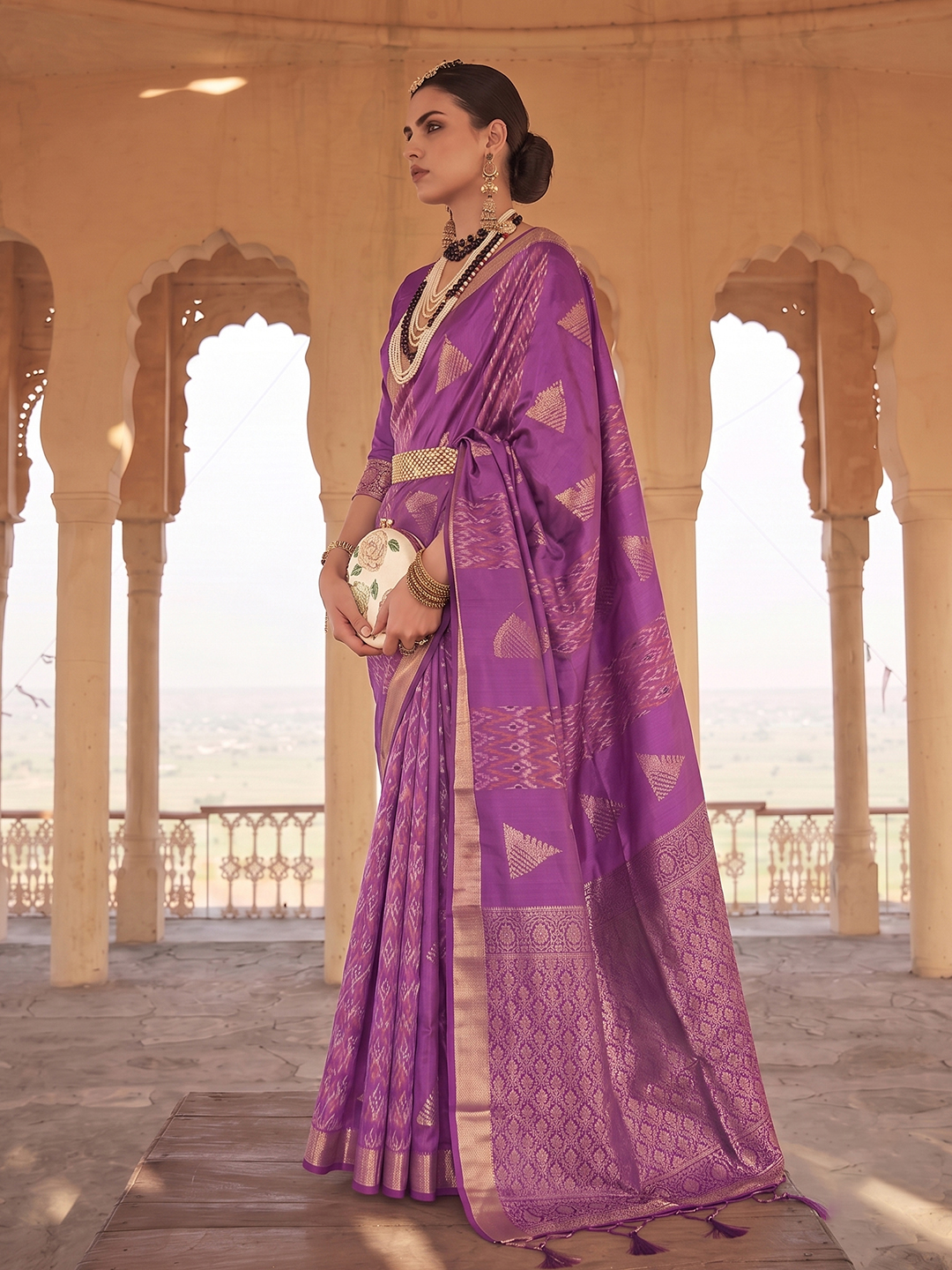 Violet Geometric Woven Designer Soft Silk Saree