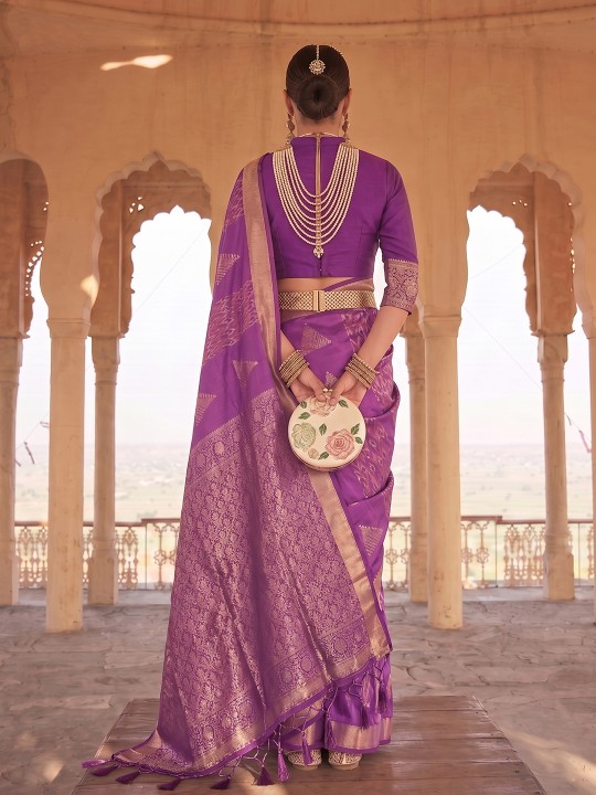 Violet Geometric Woven Designer Soft Silk Saree