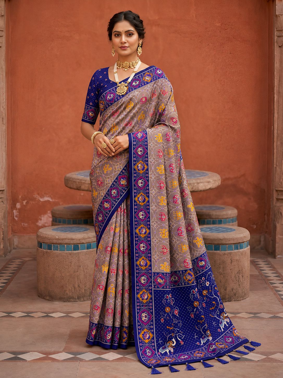 Violet Geometric Woven Meenakari Jacquard Patola Silk Saree