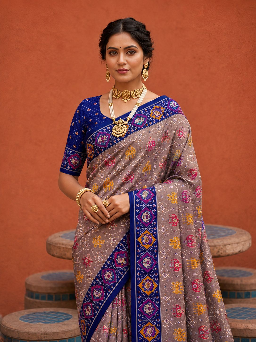Violet Geometric Woven Meenakari Jacquard Patola Silk Saree
