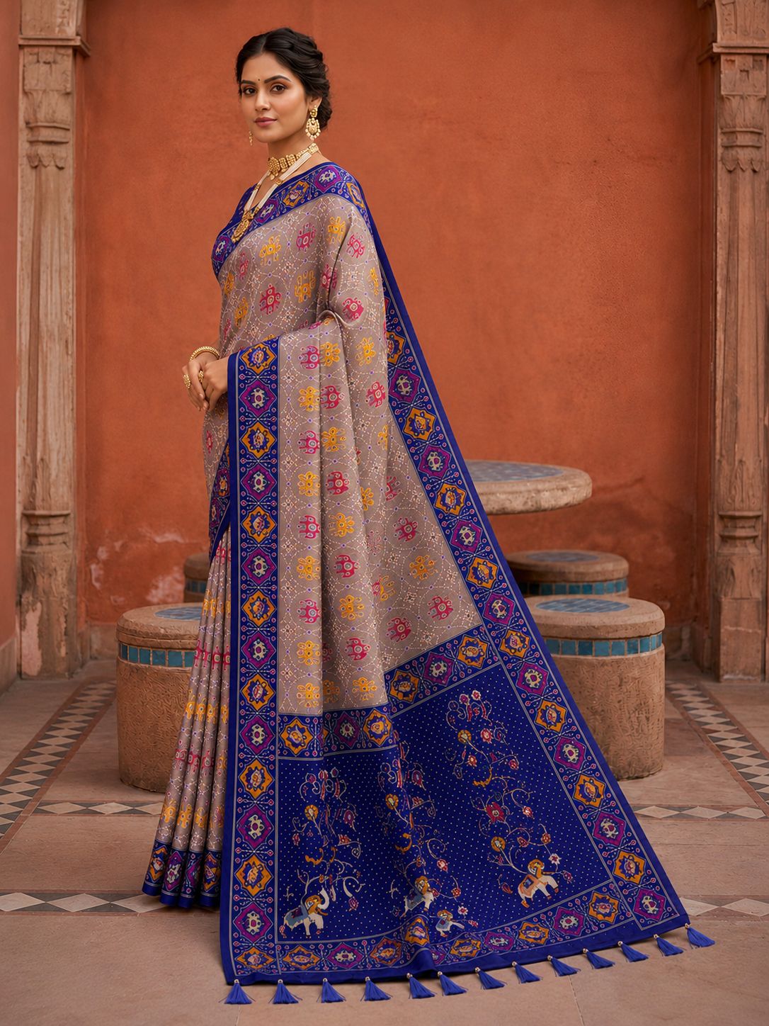 Violet Geometric Woven Meenakari Jacquard Patola Silk Saree