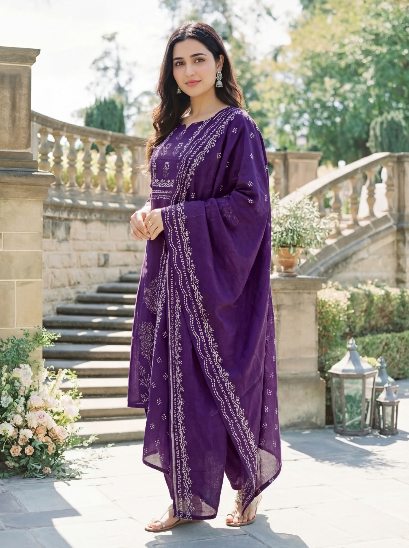 Violet Hand Printed Muslin Anarkali Salwar Suit
